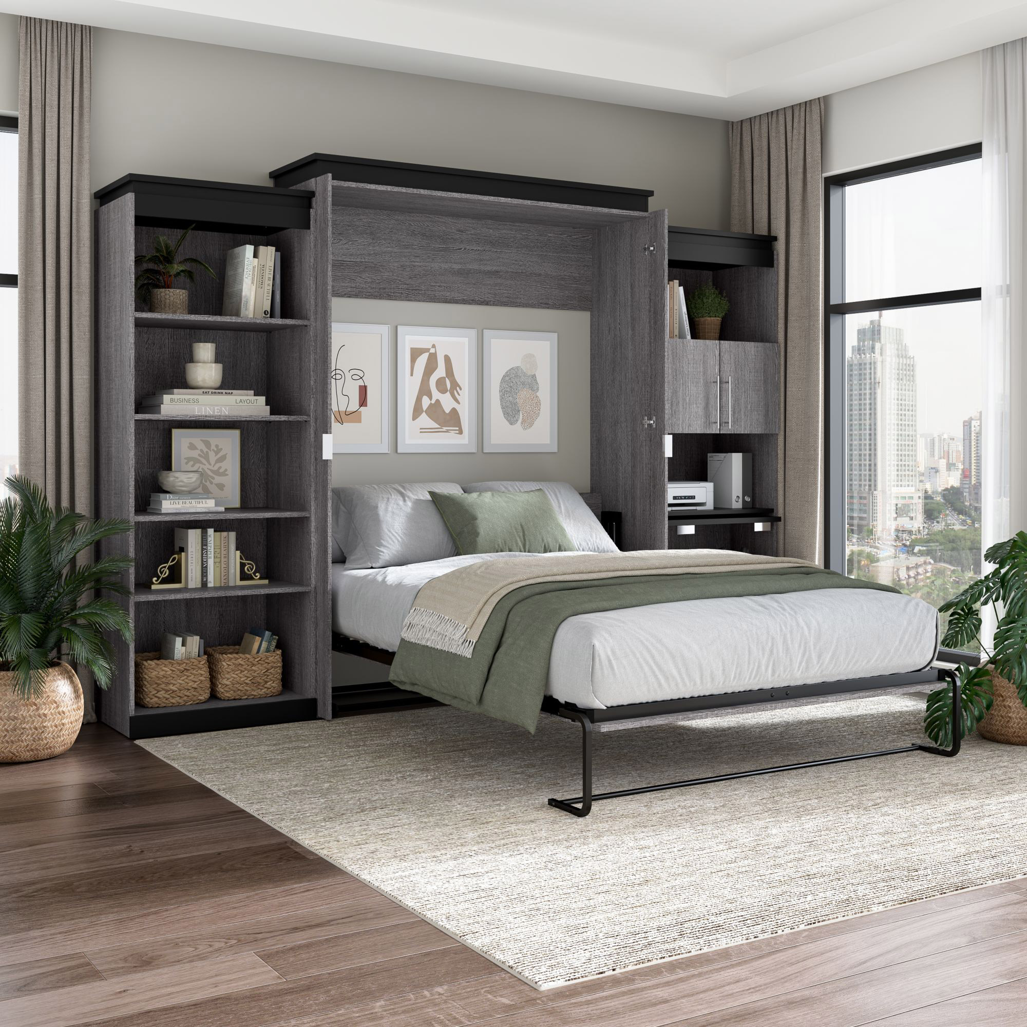 Bestar Orion Queen Wall Bed with Storage and Fold-Out Desk