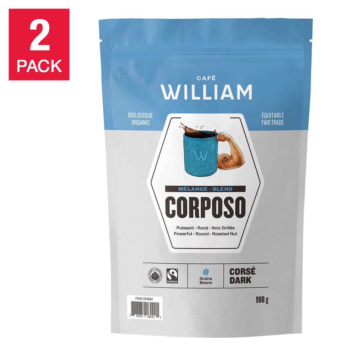 Café William Corposo Dark Roast Fair Trade and Organic Whole Bean Coffee, 2 x 908 g 