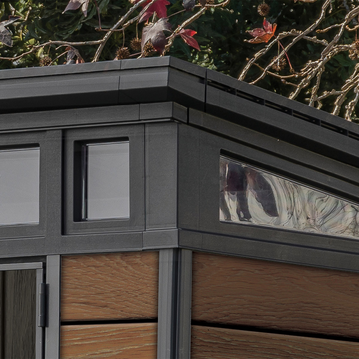 Keter Signature Collection 9x7 Modern Outdoor Storage Shed, Walnut