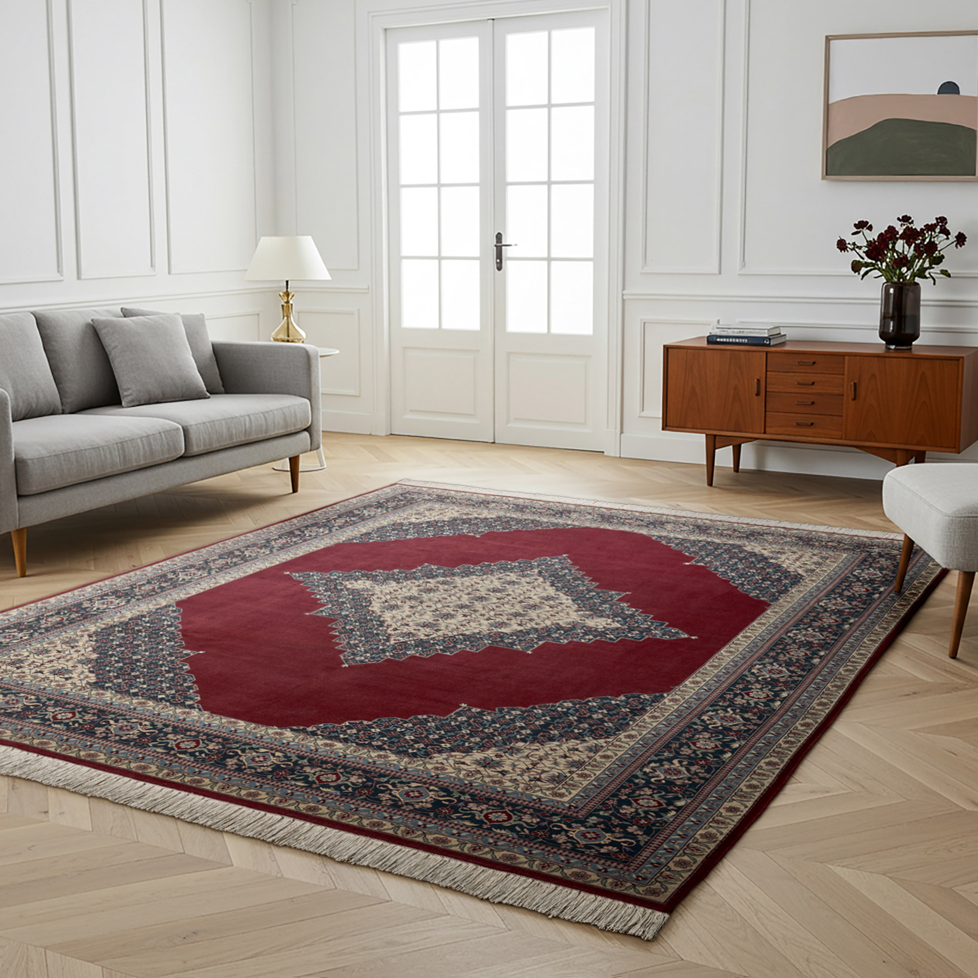 Montacute Hand Knotted Rug Collection  Diamond Medallion Redfield Red