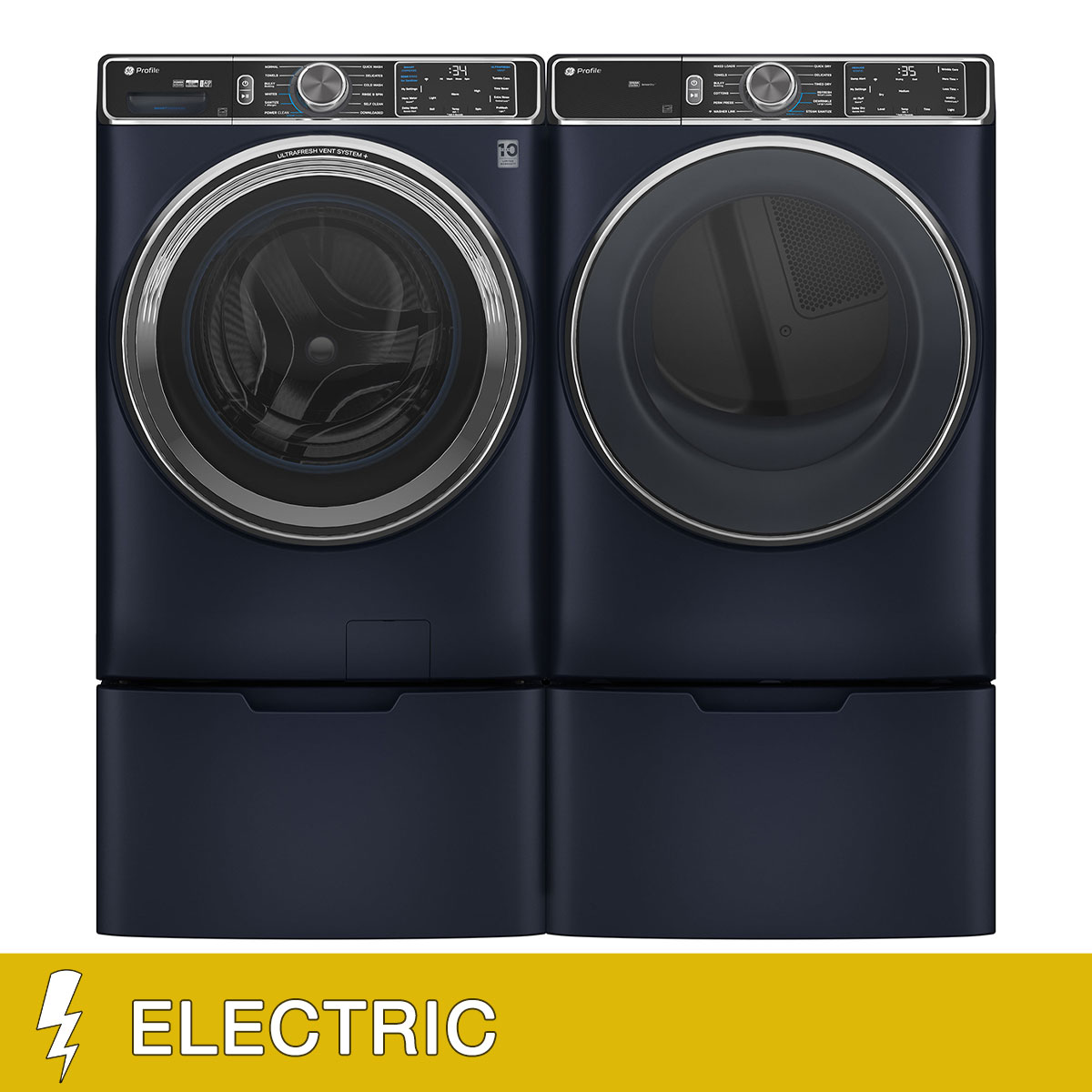 GE Profile 5.3 cu. ft. Front Load Washer with UltraFresh Vent System+ and 7.8 cu. ft. Front Load ELECTRIC Dryer with Steam and Sanitize Cycle with Storage Pedestals