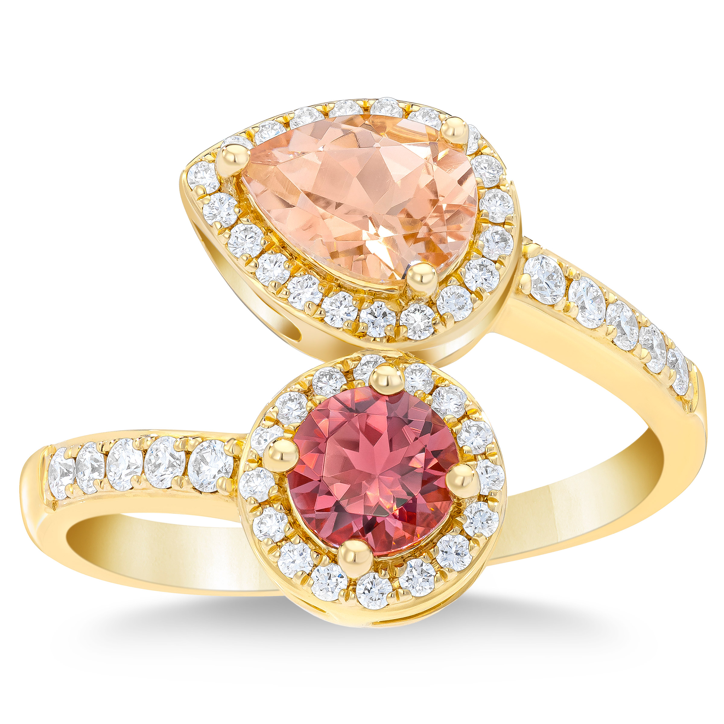 Pear Cut Morganite, Round Cut Pink Tourmaline and Diamond Ring (0.33 ctw)
