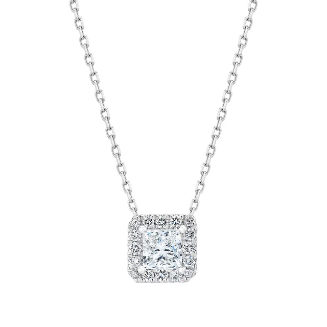 14KT WHITE GOLD VS2 I 0.63CTW PRINCESS CUT DIAMOND HALO NECKLACE