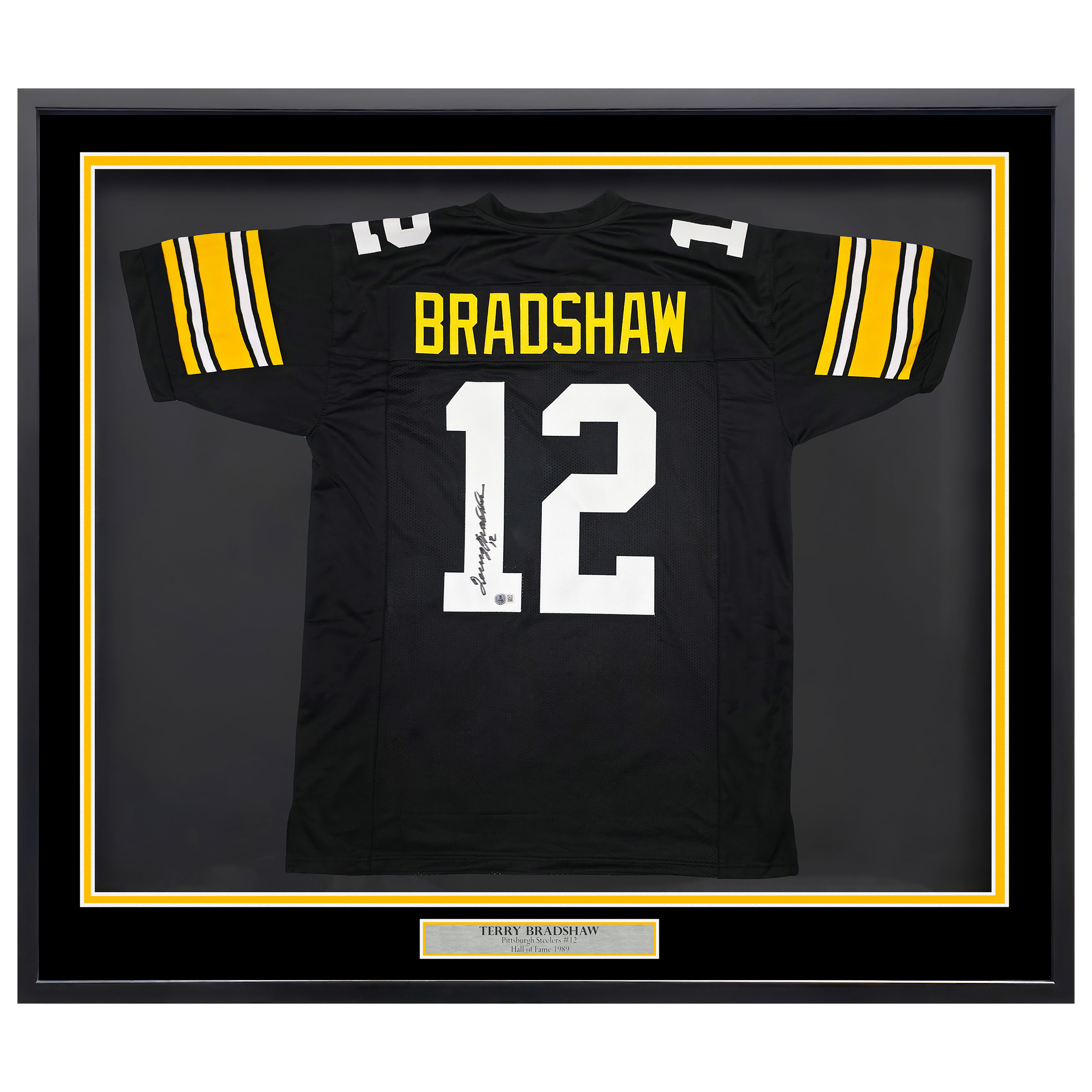 Terry Bradshaw Autographed Framed Black Pittsburgh Steelers Jersey - Beckett Authenticated