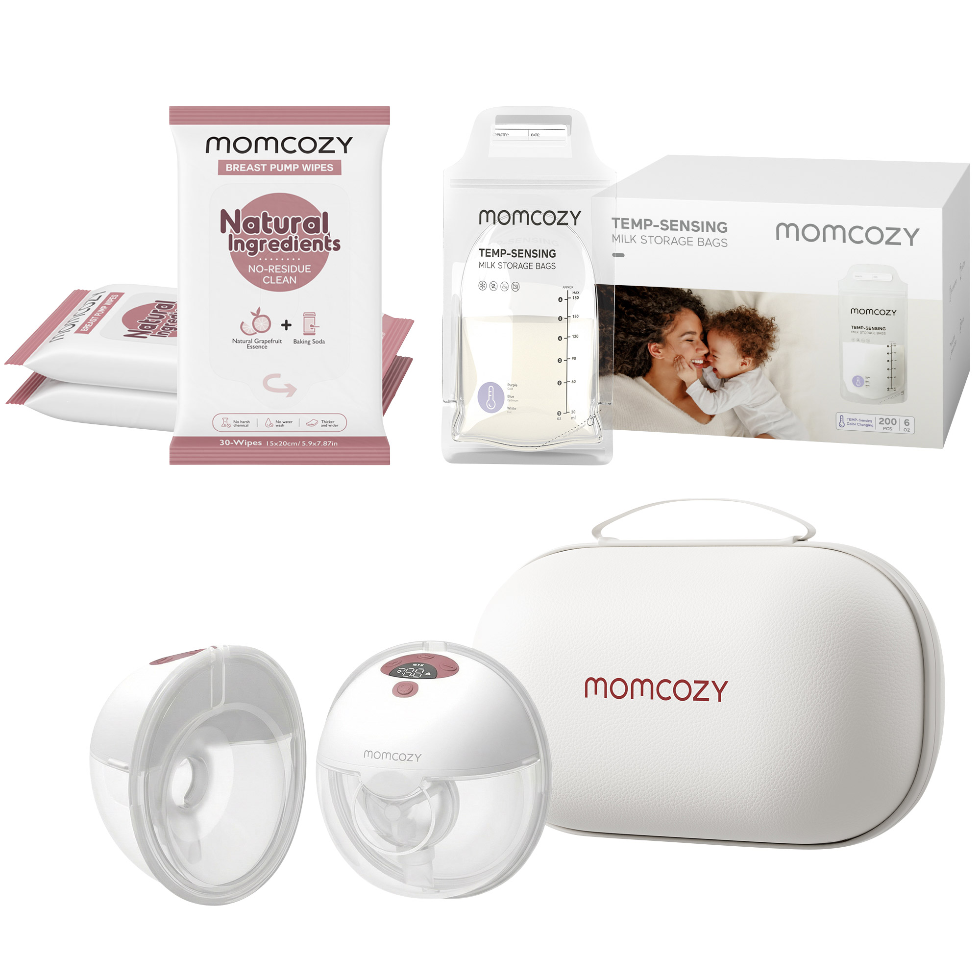 Momcozy Smart Breast Pump + Milk Storage Bags + Breast Pump Wipes