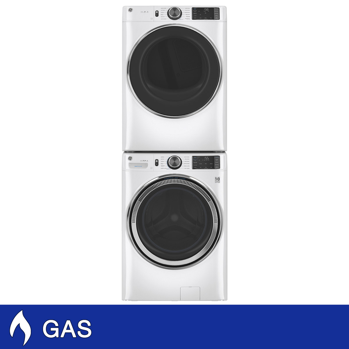 GE 5.0 cu. ft. Front Load Steam Washer with SmartDispense and 7.8 cu. ft. GAS Dryer with Steam and Sanitize Cycle Laundry Package with Stacking Kit