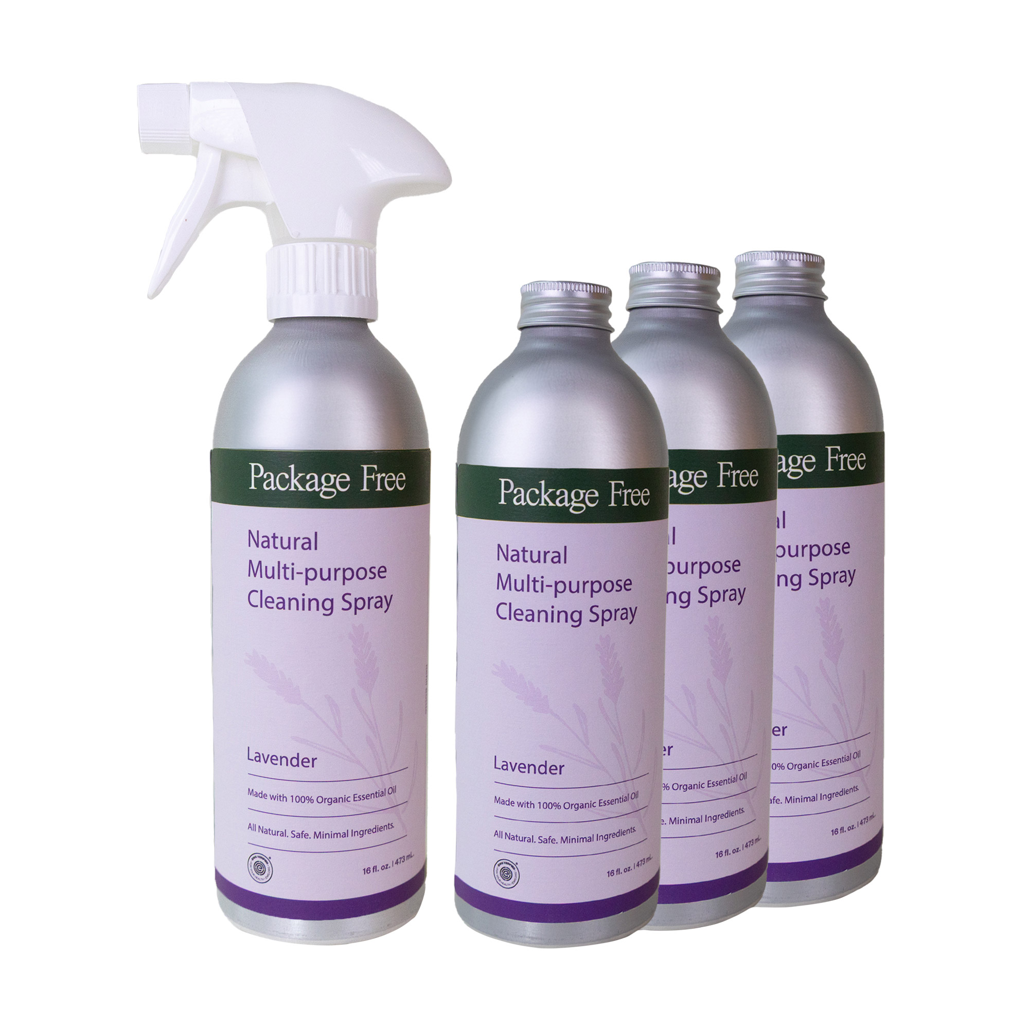 Package Free Multi-Purpose Cleaning Spray  Lavender  (1) 16 fl oz Spray + (3) 16 fl oz Refills