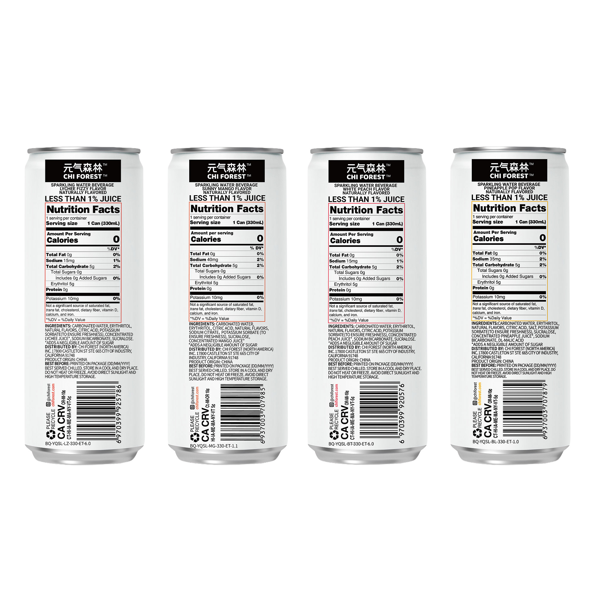 Chi Forest Flavored Sparkling Water, Variety Pack, 11.16 fl oz, 24
