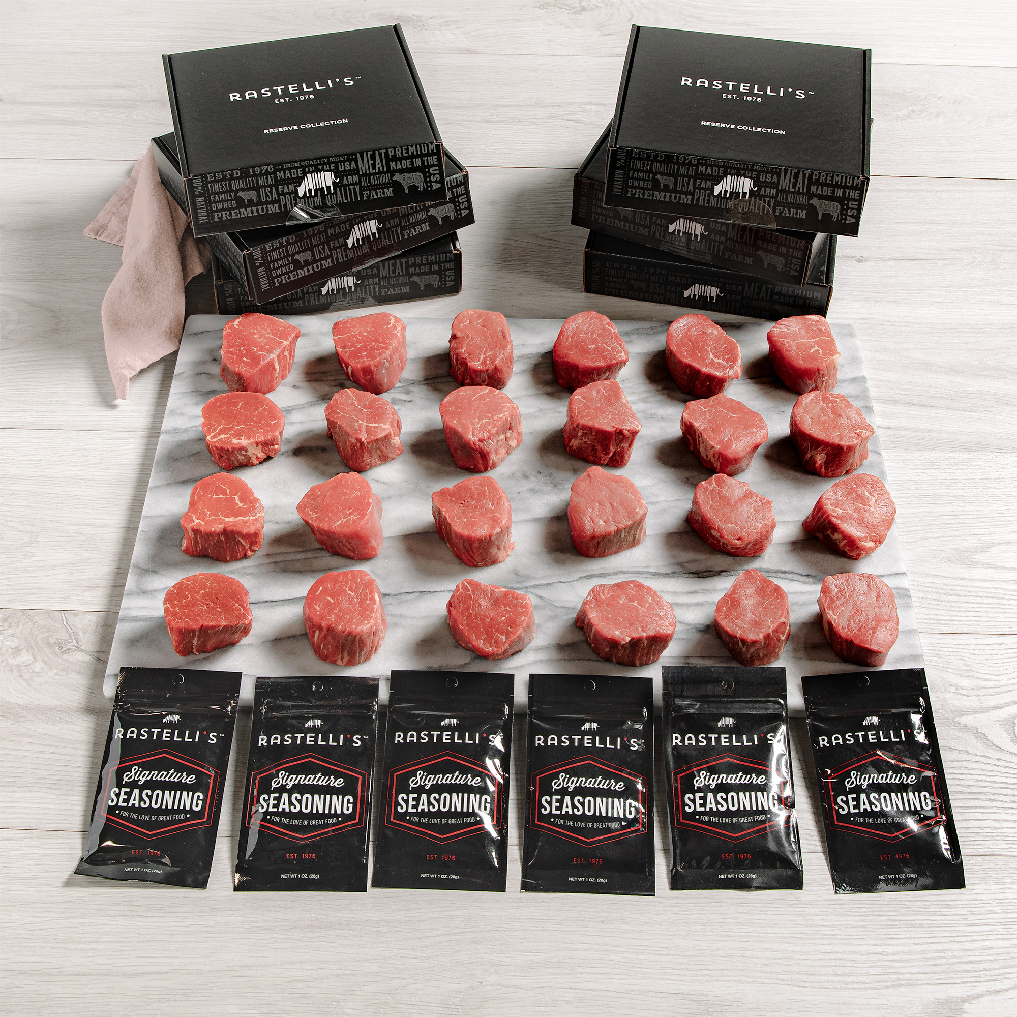 Rastelli’s Black Angus Filet Mignon Gift Boxes: 6 Boxes (4/4 oz Steaks Per Box)  24 Total Steaks  Total 6 lbs
