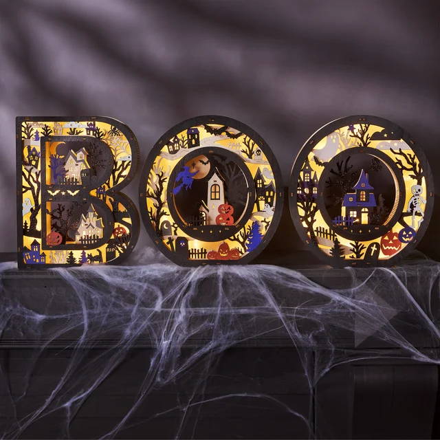 BOO WOOD LETTERS WITH LED LIGHTS SET OF 3