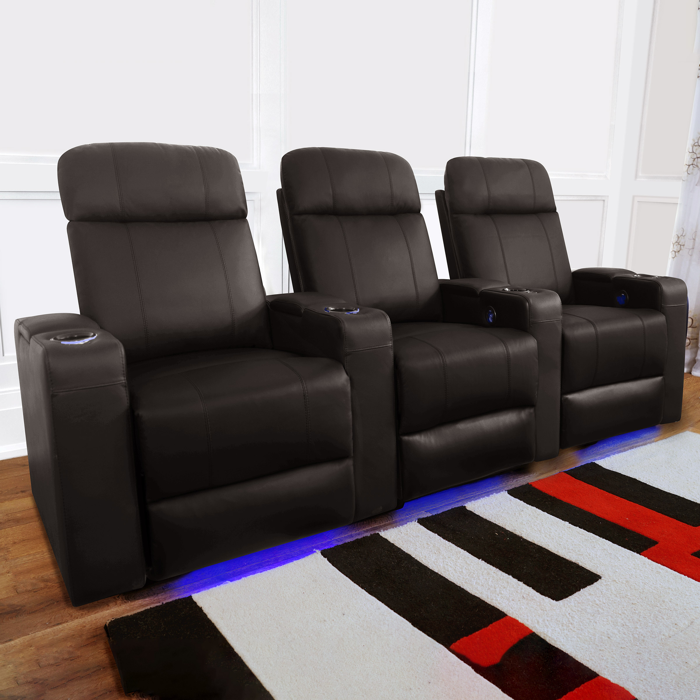 Siena Black 3-piece Top Grain Leather LED Power Reclining Home Theatre Seating