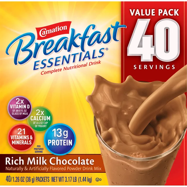 Carnation Breakfast Essentials Powdered Drink Mix, Rich Milk Chocolate, 1.26 oz, 40-count