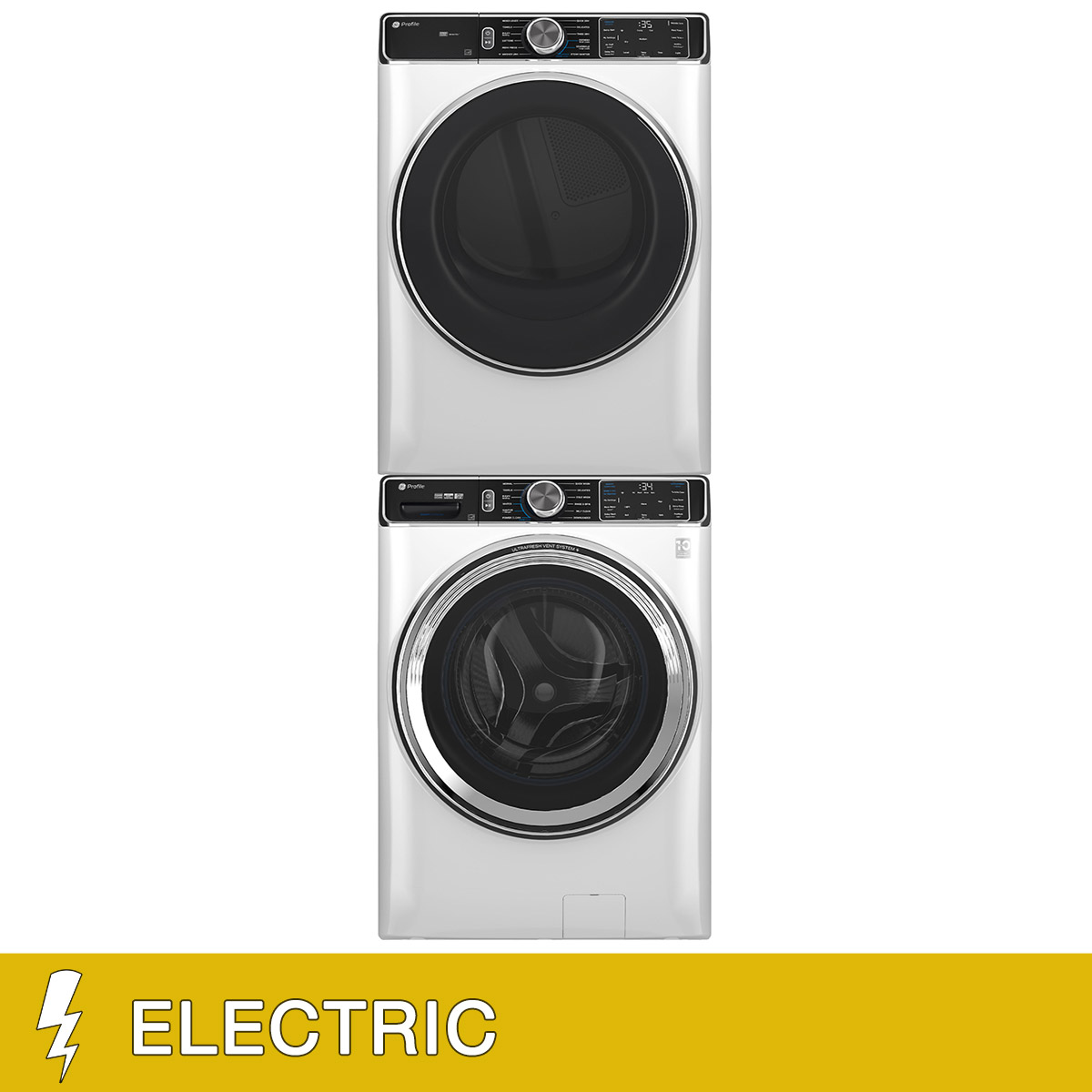 GE Profile 5.3 cu. ft. Front Load Washer with UltraFresh Vent System+ and 7.8 cu. ft. Front Load ELECTRIC Dryer with Steam and Sanitize Cycle with Stacking Kit
