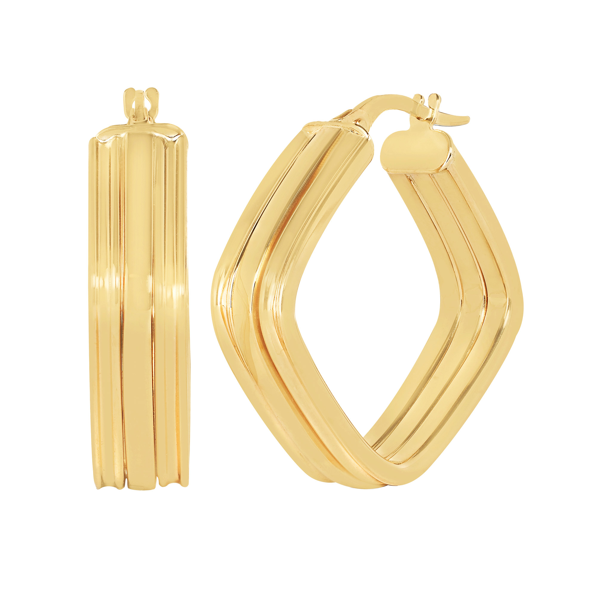 High Polish Stripe Design Cushion Shaped Hoop Earrings in Yellow Gold