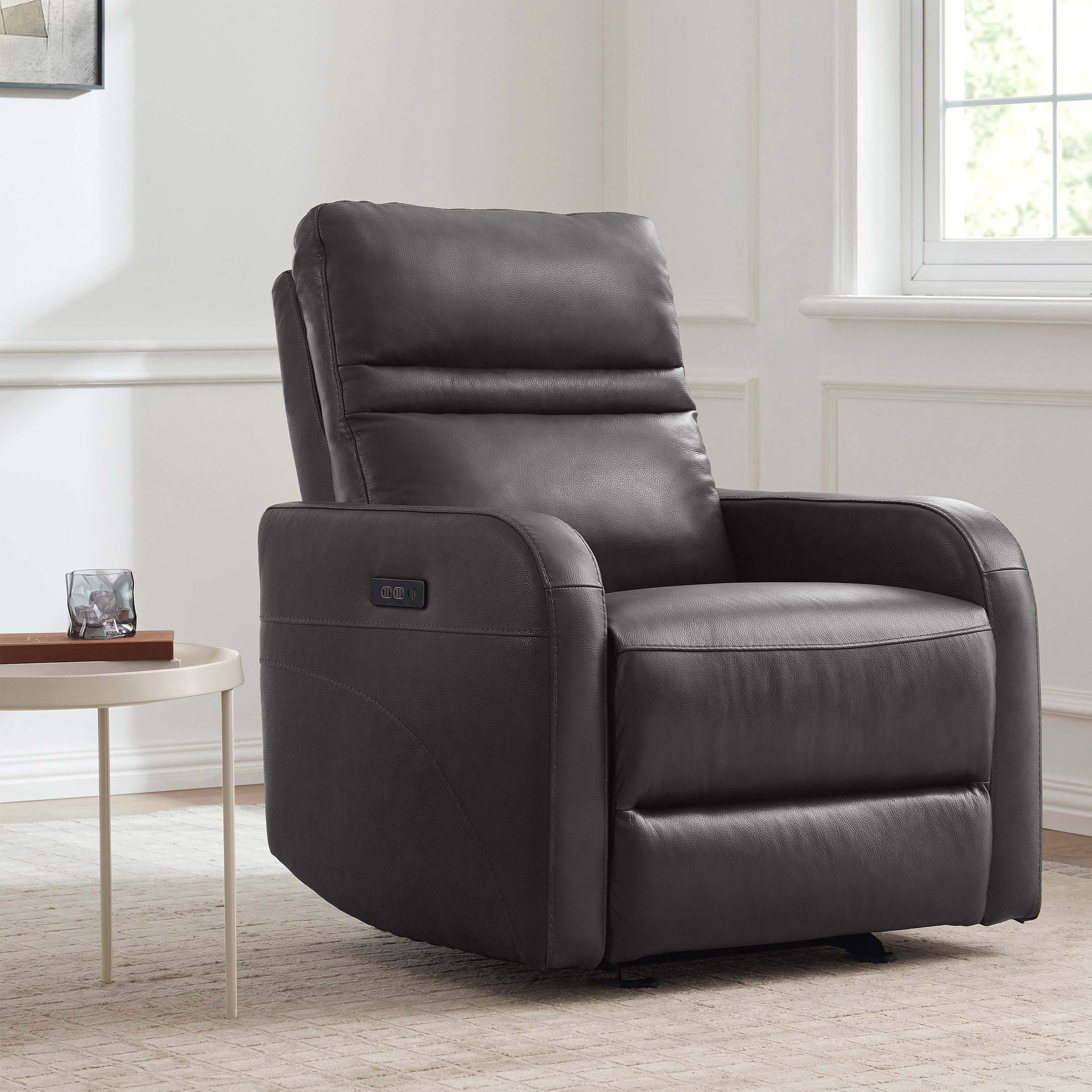 Gilman Creek – Aldryn Top-grain Leather Glider Power Recliner, Dark Grey
