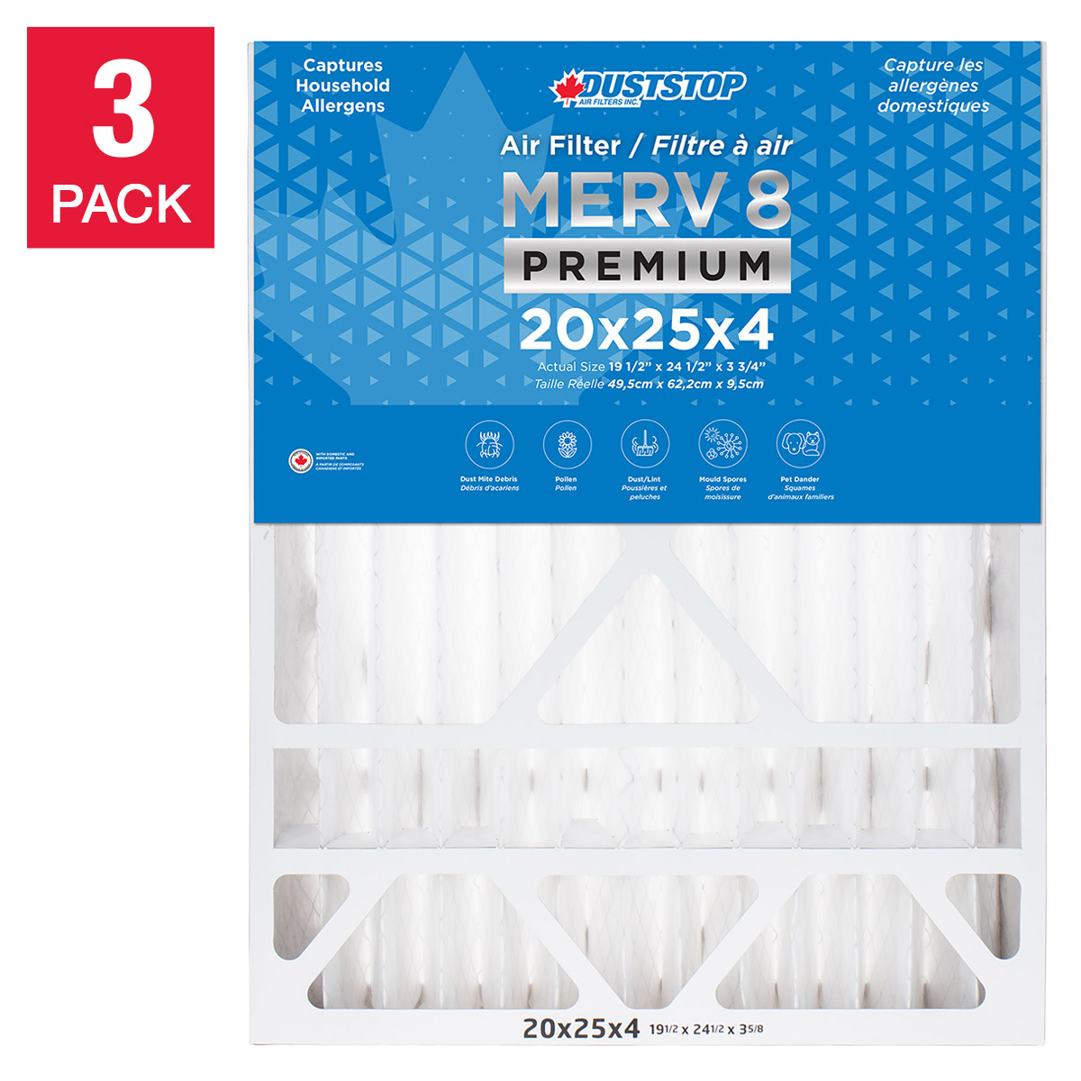 Duststop MERV 8 Premium Pleated Furnace Filter, 3-pack