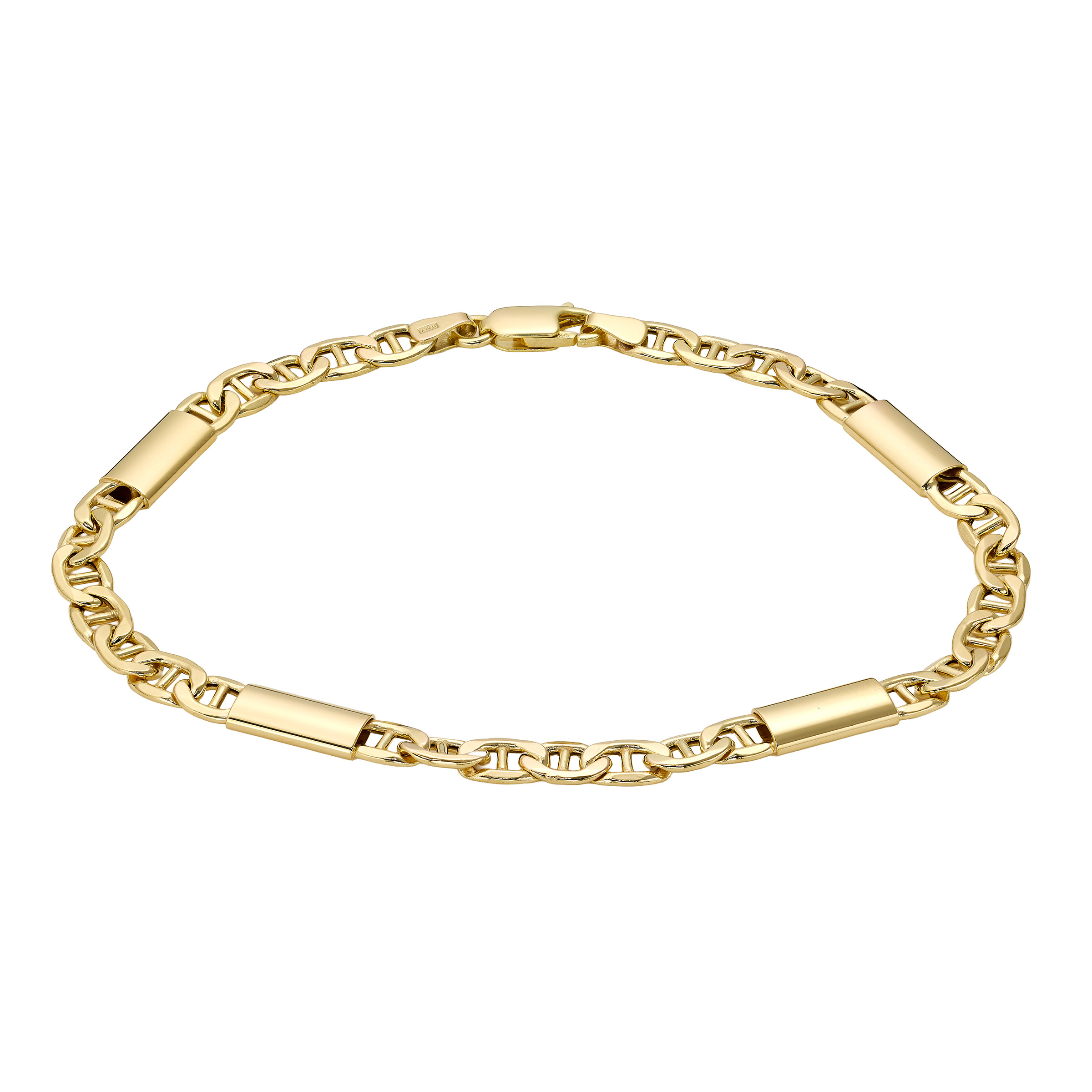 High Polish Mariner and Plaque Station Bracelet in Yellow Gold