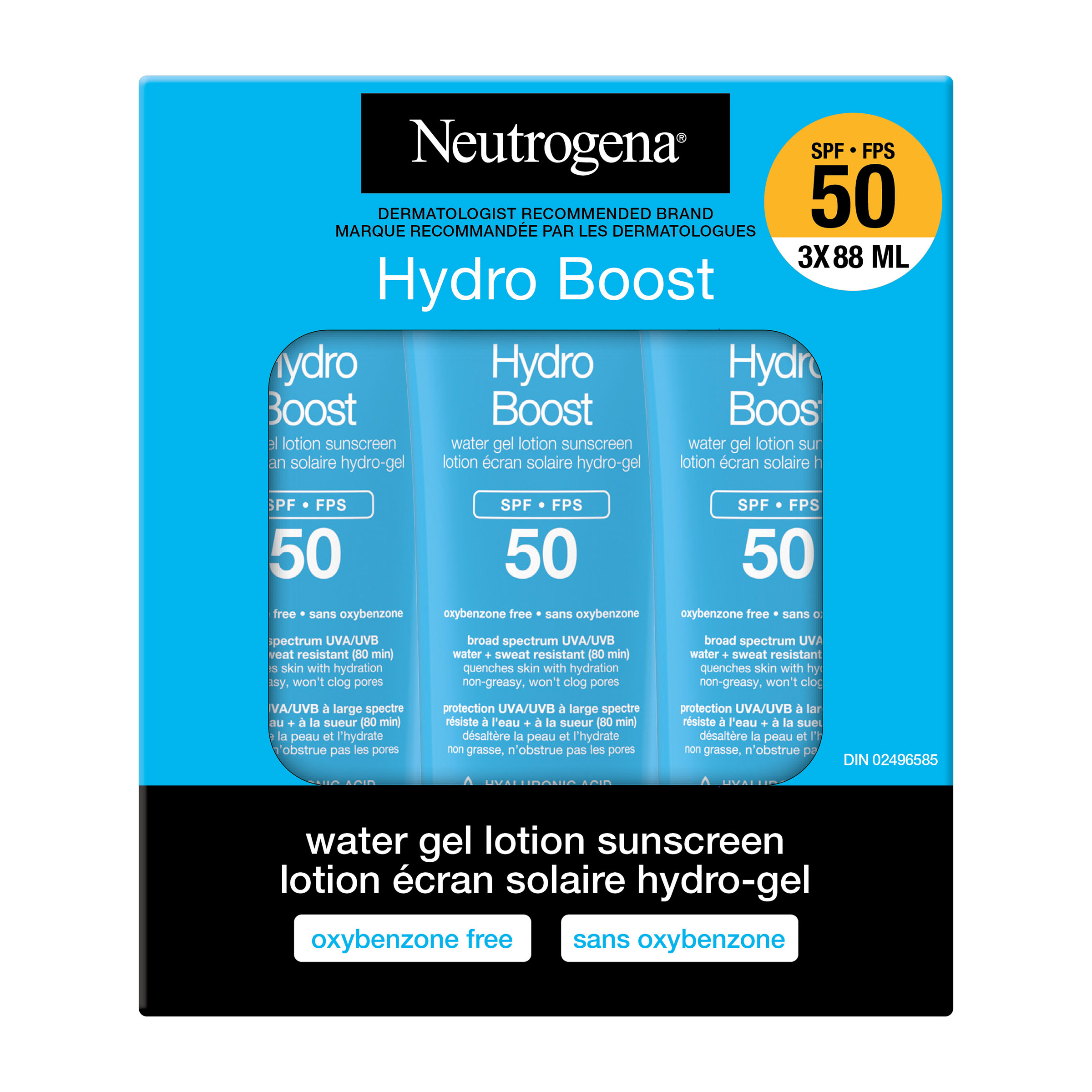 Neutrogena Hydro Boost Water Gel Lotion Sunscreen SPF 50, 3 x 88 mL