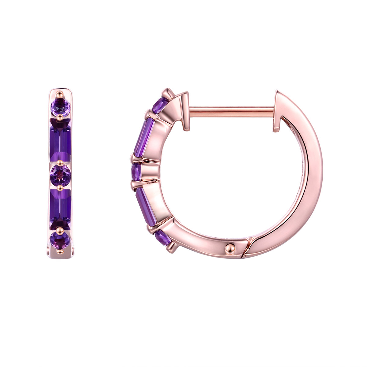 Baguette and Round Cut Amethyst Hoop Earrings