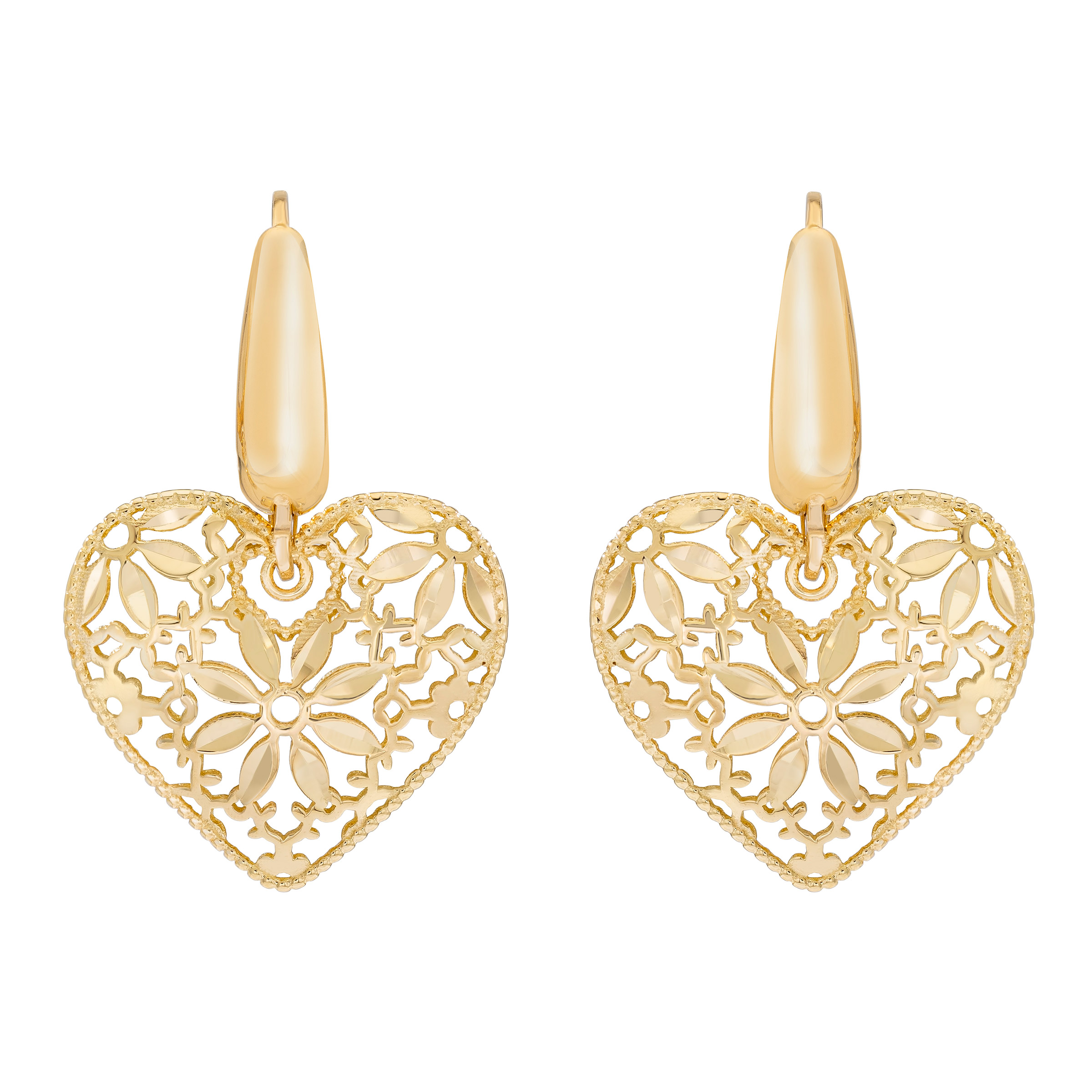 Heart Flower Dangle Earrings in Yellow Gold