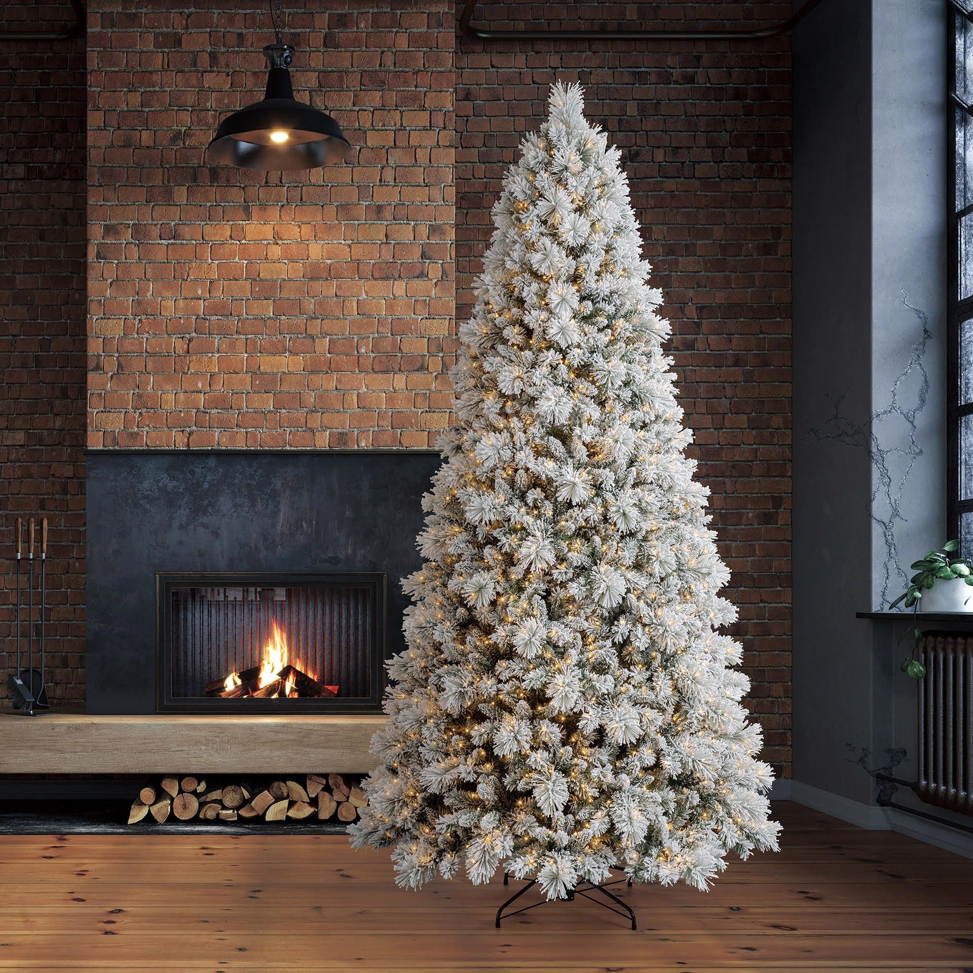 2.75 m (9 ft) artificial Christmas tree with cashmere-flocked glitter, pre-lit with 1,780 twinkling Micro-Radiant LED lights in changing colors