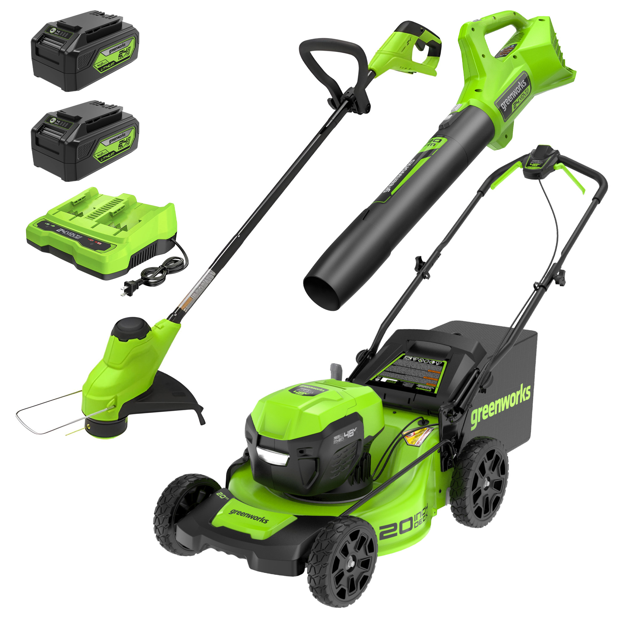 Greenworks 48V (2x24V) Lawn Mower & String Trimmer & Blower Combo, (2) 4.0Ah Batteries and Dual Port Charger Included