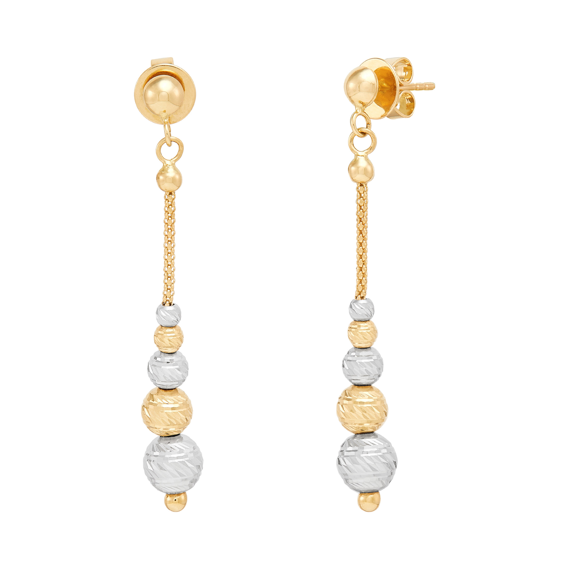 High Polish and Diamond Cut Graduated Bead Dangle Earrings in Two Tone Gold
