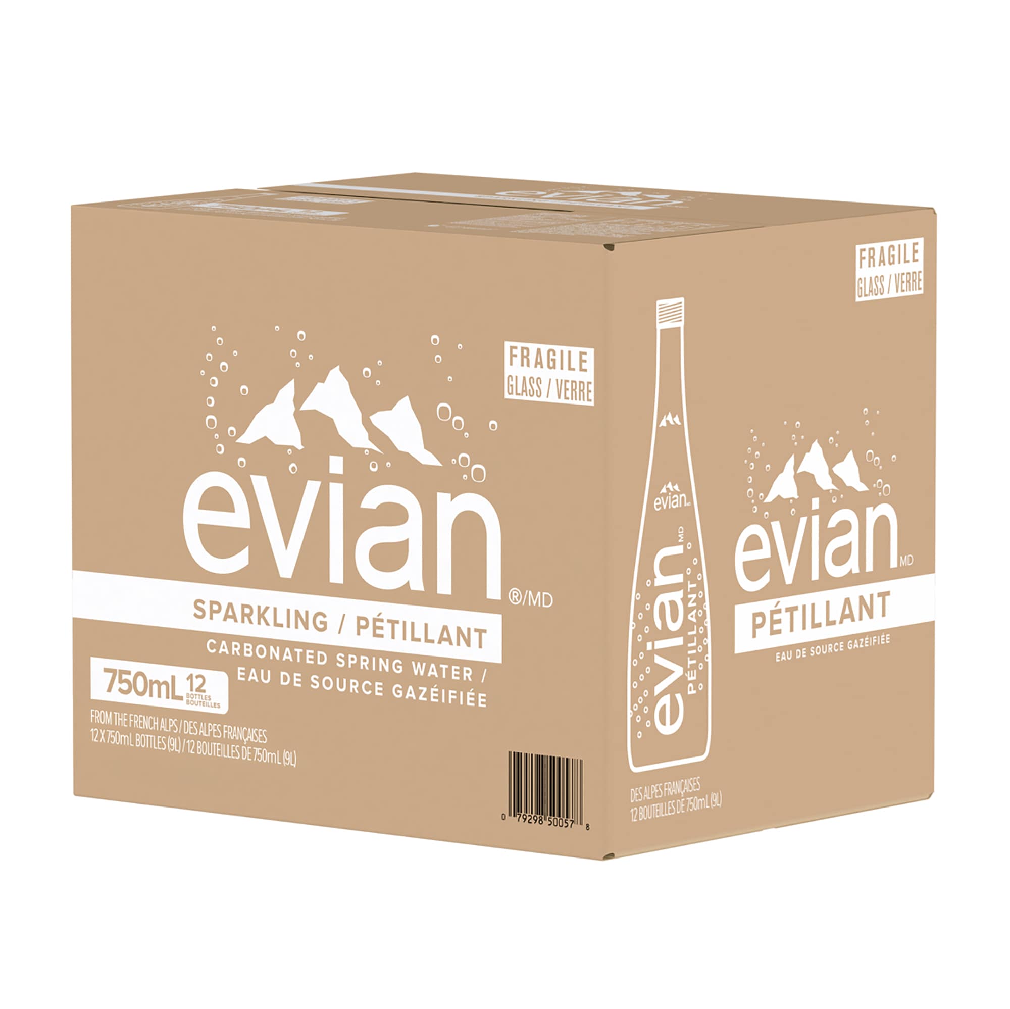 Evian Carbonated Natural Spring Water, 12 × 750 mL