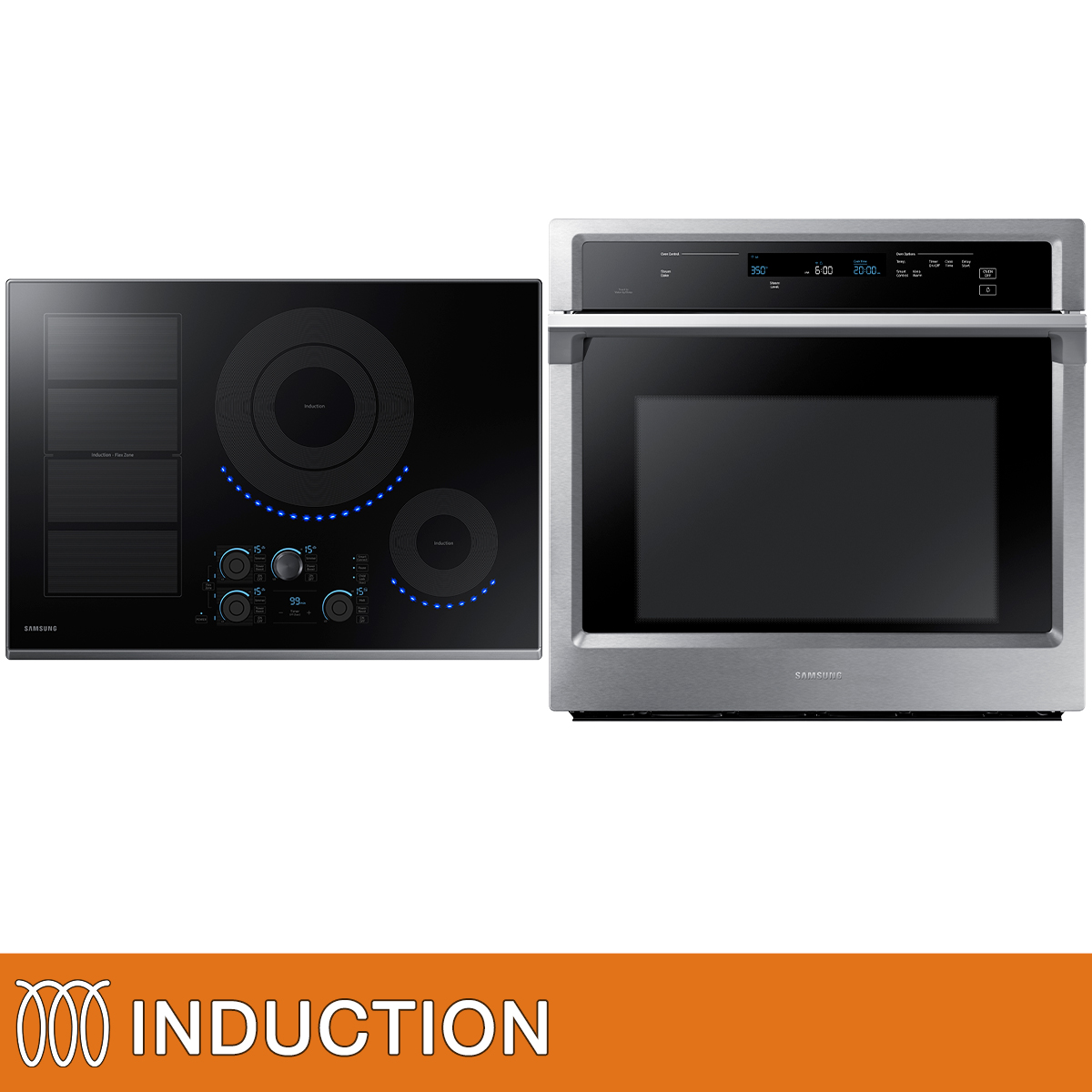 Samsung 2-piece Kitchen Suite with 30 in Black Stainless Steel Induction 4-Burner Cooktop with Virtual Flame Technology and 30 in. 5.1 cu. ft. Stainless Steel Convection Single Oven with Steam Bake