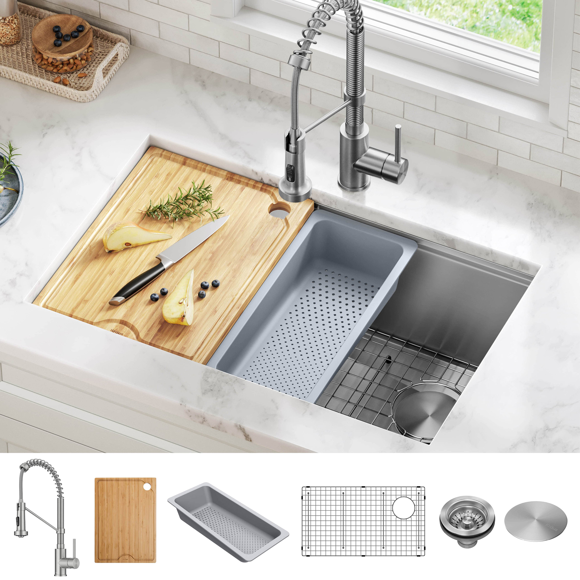 KRAUS Undermount Workstation Kitchen Sink with Pull Down Faucet