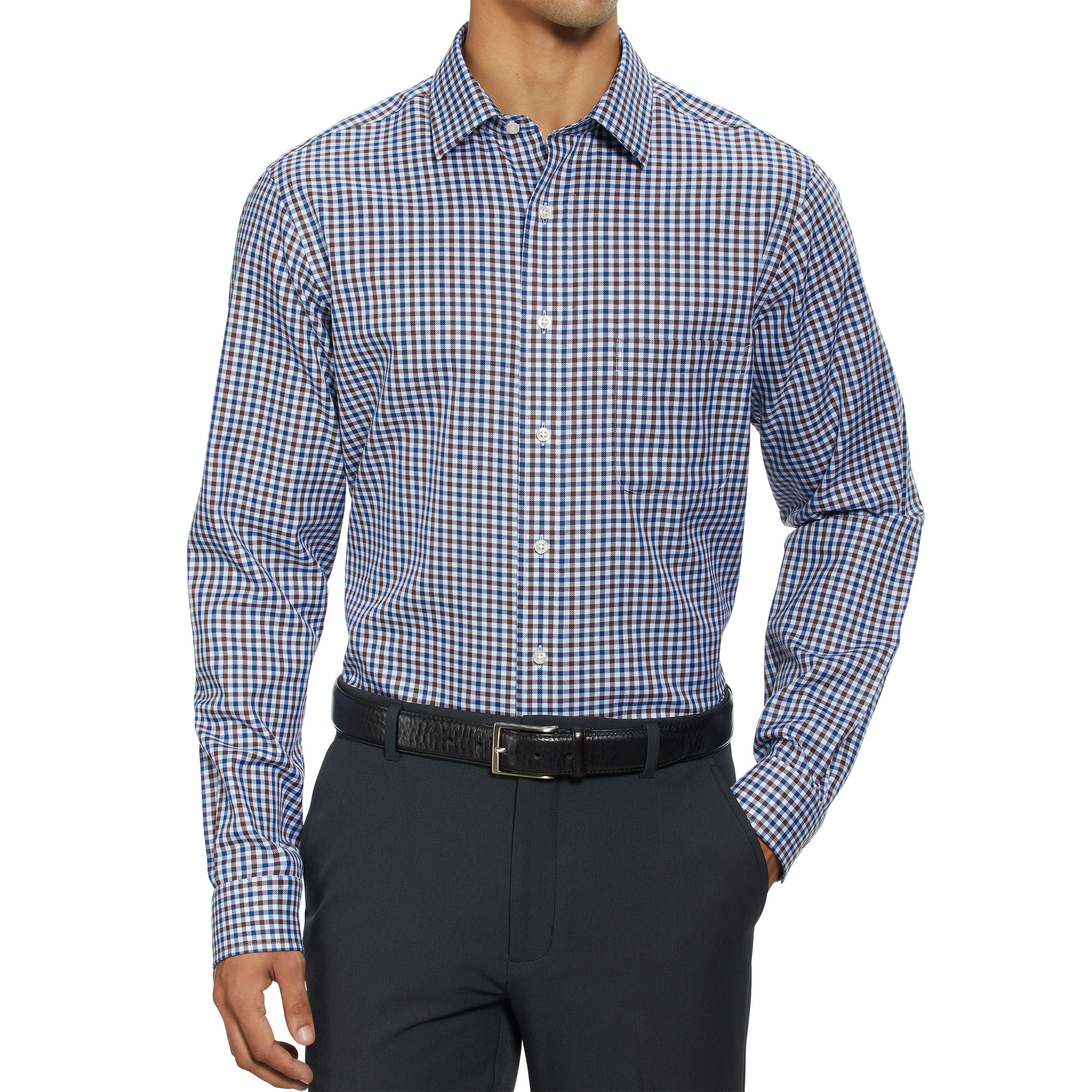 Kirkland Signature Men's Tailored Fit Dress Shirt, Blue/Brown Check | Costco