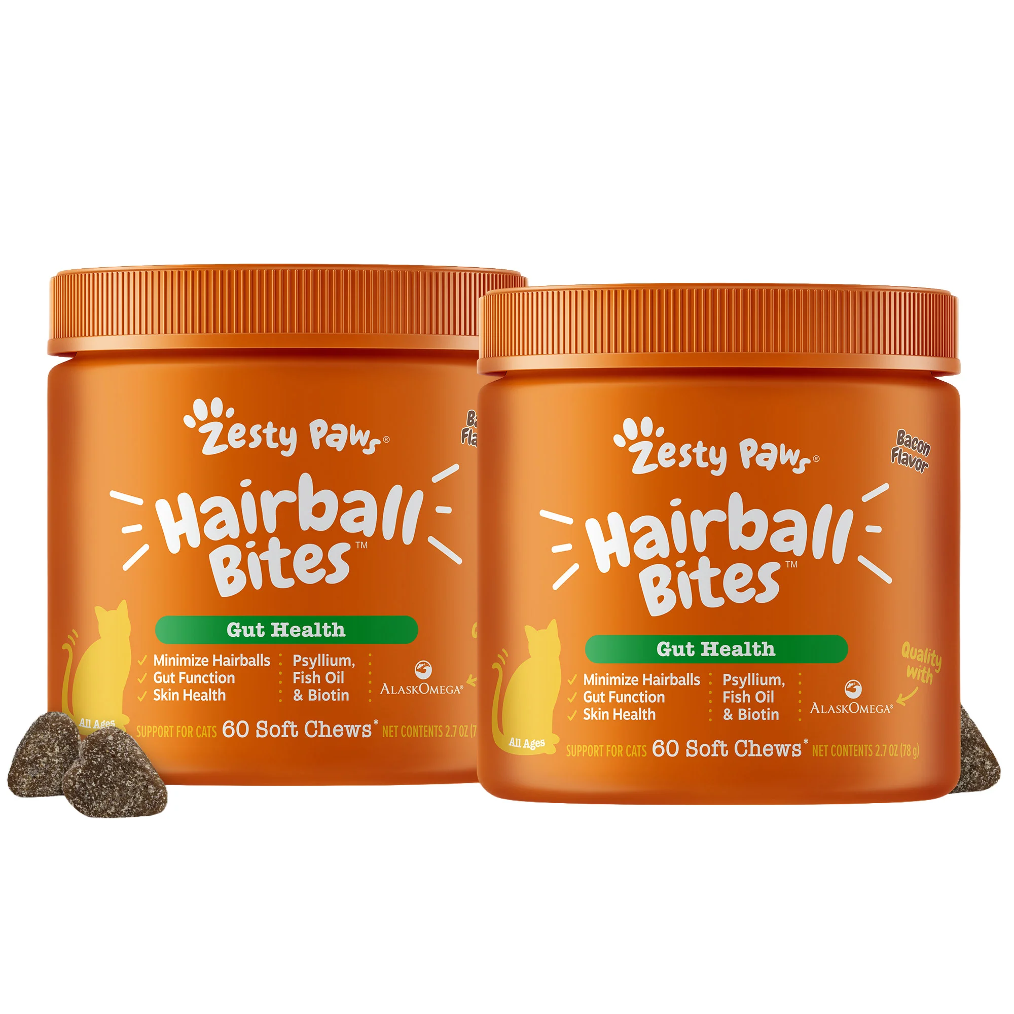 Zesty Paws Hairball Bites for Cats, Bacon Flavor, 60-count, 2-pack