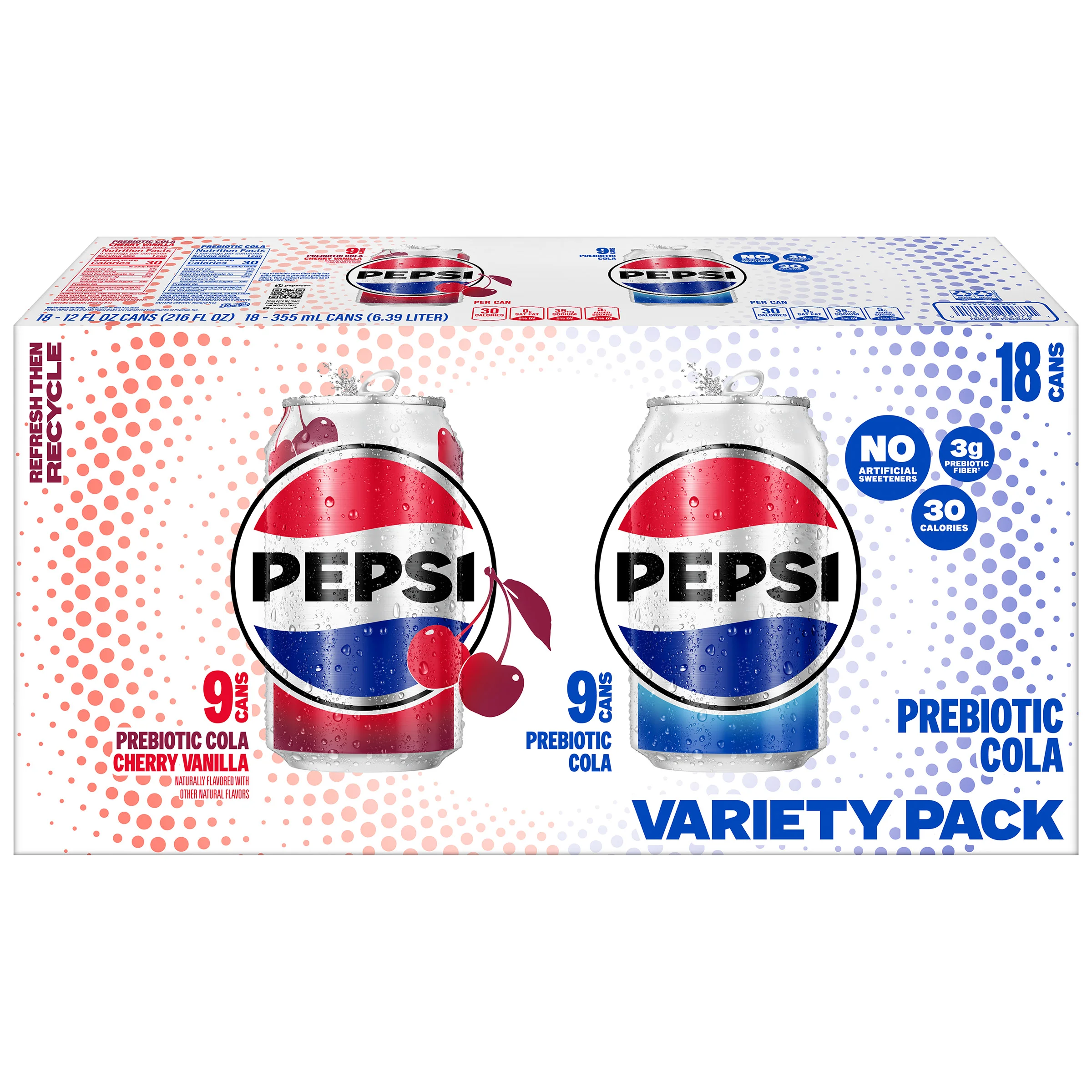 Pepsi Prebiotic Cola, Variety Pack, 12 fl oz, 18-count | Costco