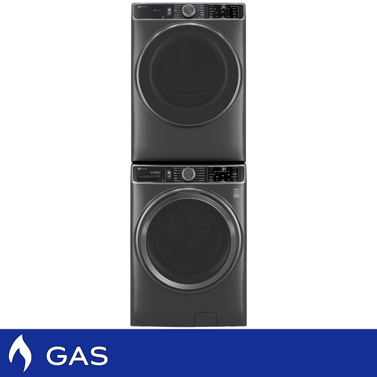 GE Profile 5.5 cu. ft. Smart Front Load Washer with UltraFresh Vent System+ and 7.8 cu. ft. Smart GAS Front Load Dryer with Steam and Sanitize Cycle with Stacking Kit