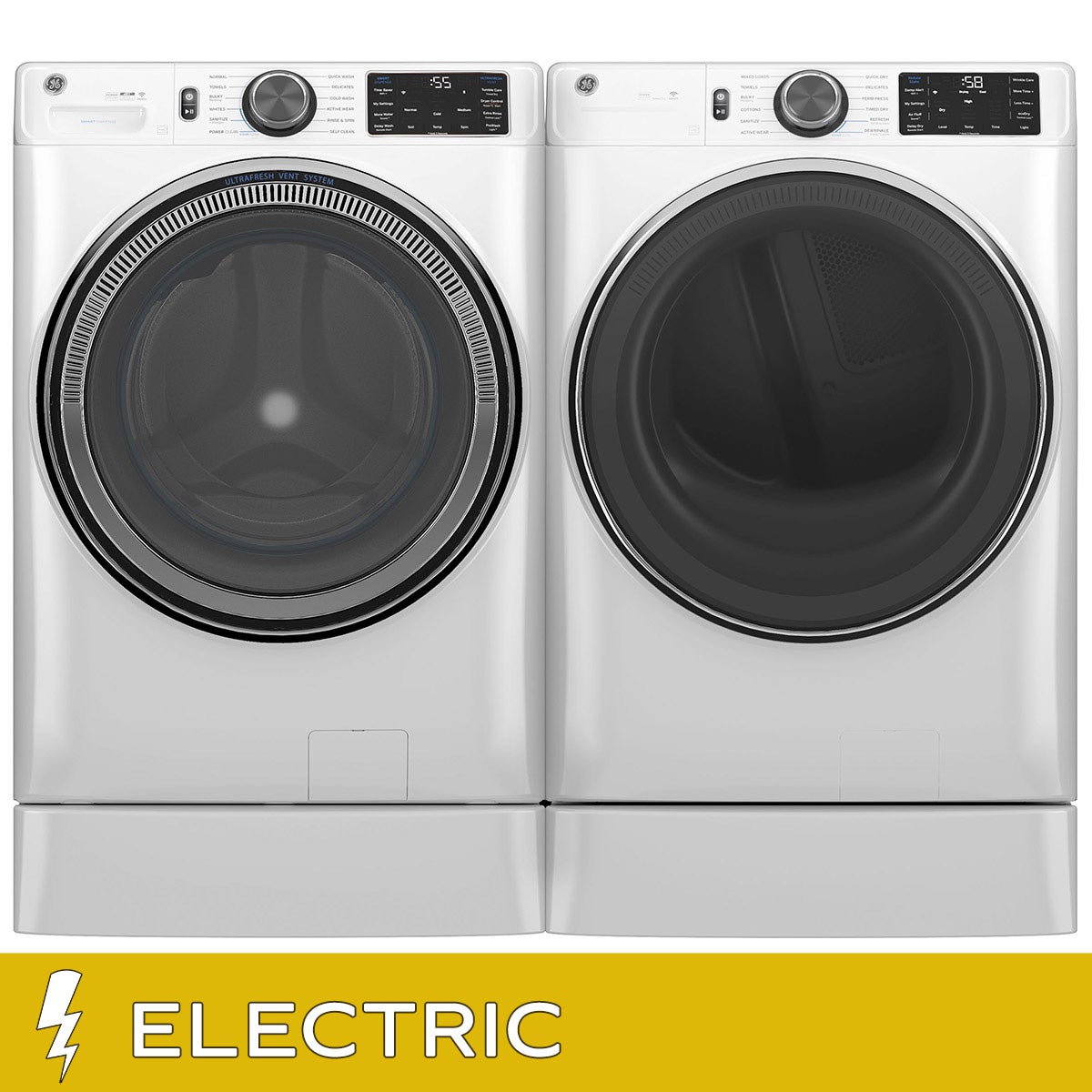 GE 5.0 cu. ft. Front Load Steam Washer with SmartDispense and 7.8 cu. ft. ELECTRIC Dryer with Steam and Sanitize Cycle Laundry Package with 7 Inch Risers