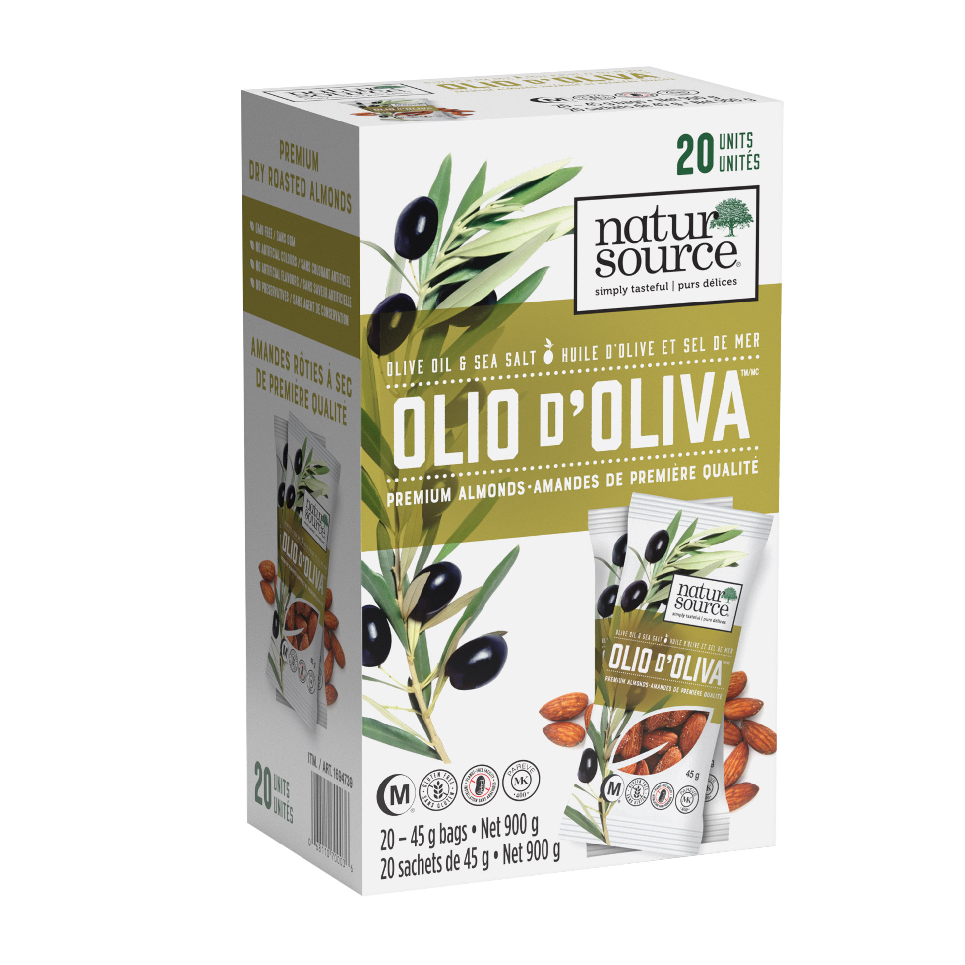 NaturSource Olio d'Oliva Olive Oil & Sea Salt Almonds, 20 × 45 g