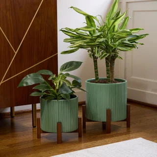 CERAMIC PLANTERS WITH BAMBOO STANDS 2PK