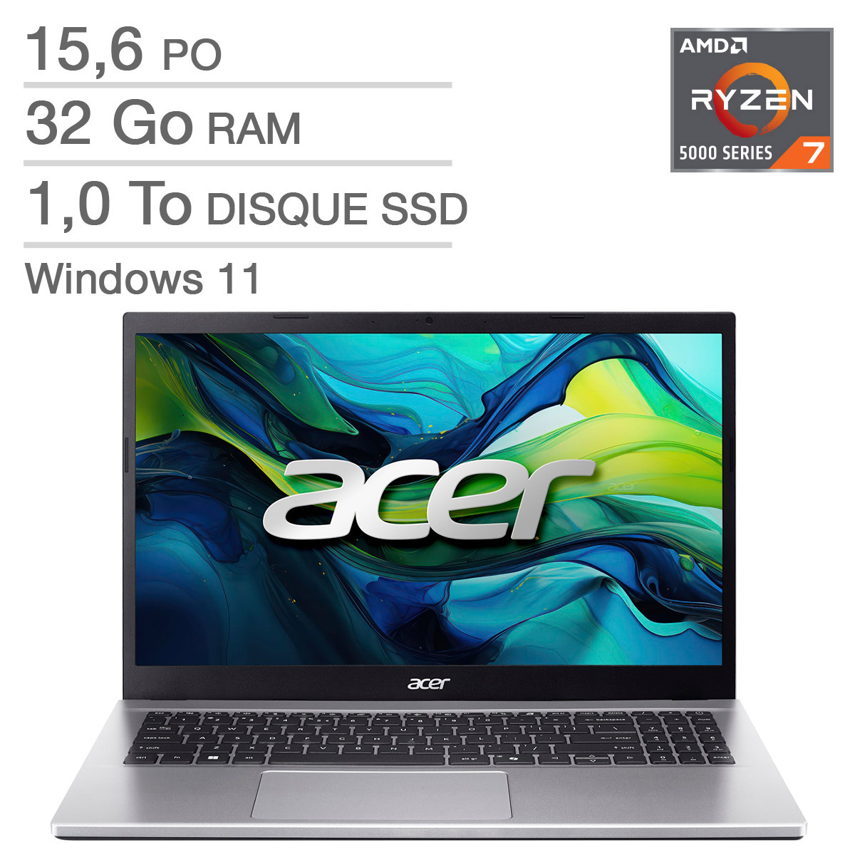 Acer Aspire Go – Ordinateur portable de 15,6 po, Ryzen 5825U – 32 Go RAM 1 To SSD
