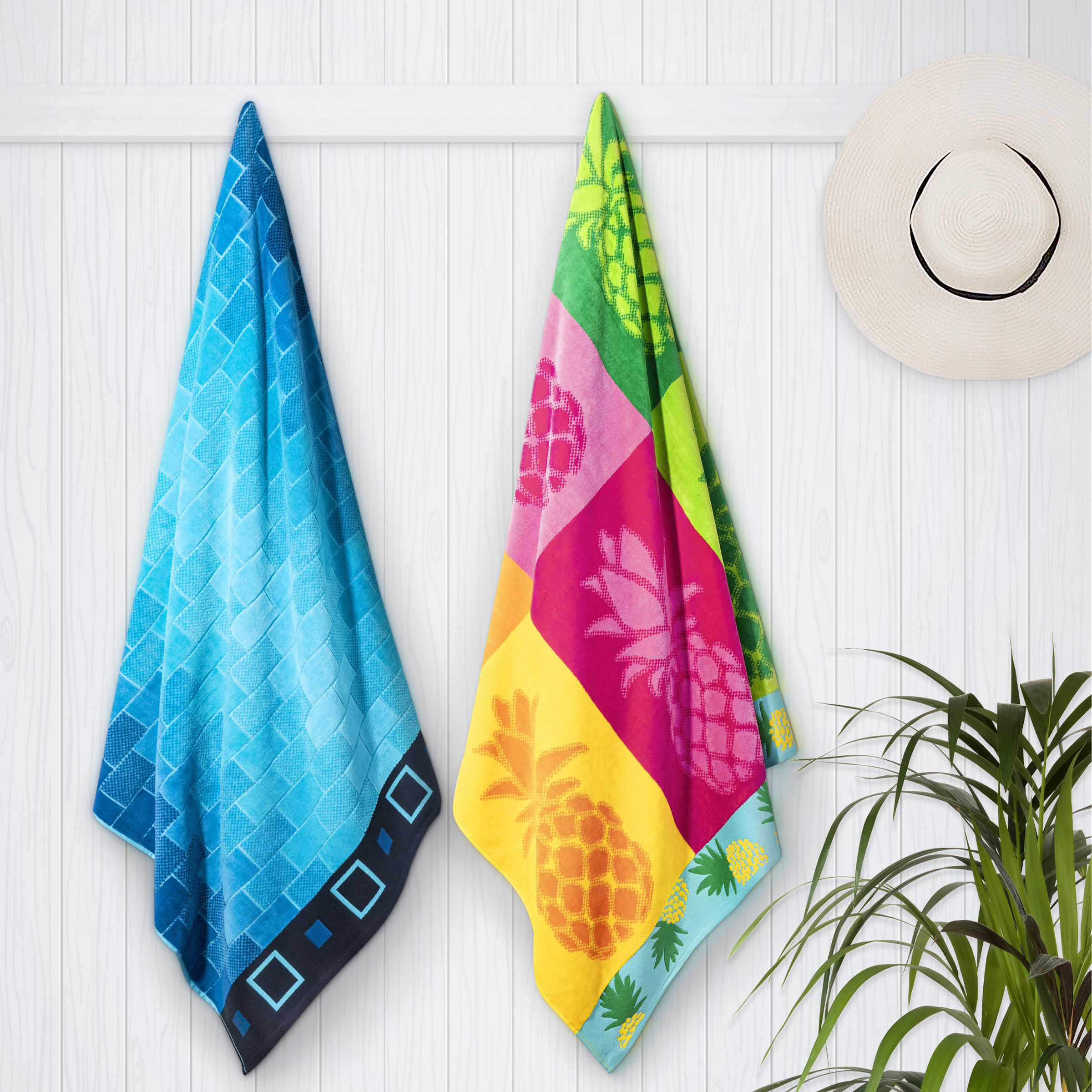 Fun Pineapple & Square Tile Jacquard Beach Towel 2-pack