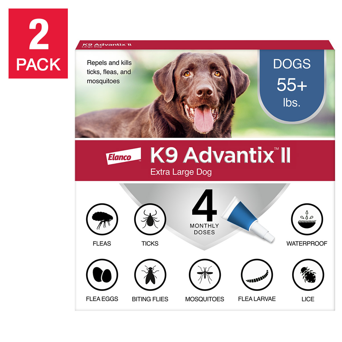 K9 Advantix II Flea and Tick Topical Treatment for Dogs Over 55 lbs  4-doses  2-count