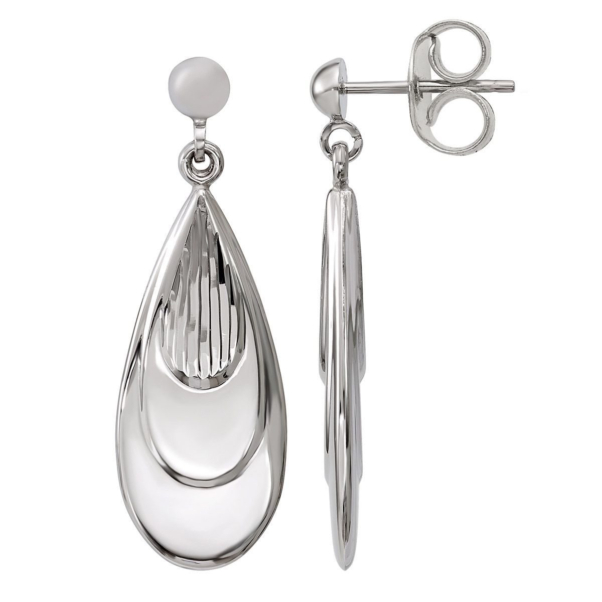 Diamond Cut and High Polish Teardrop Dangle Earrings in White Gold