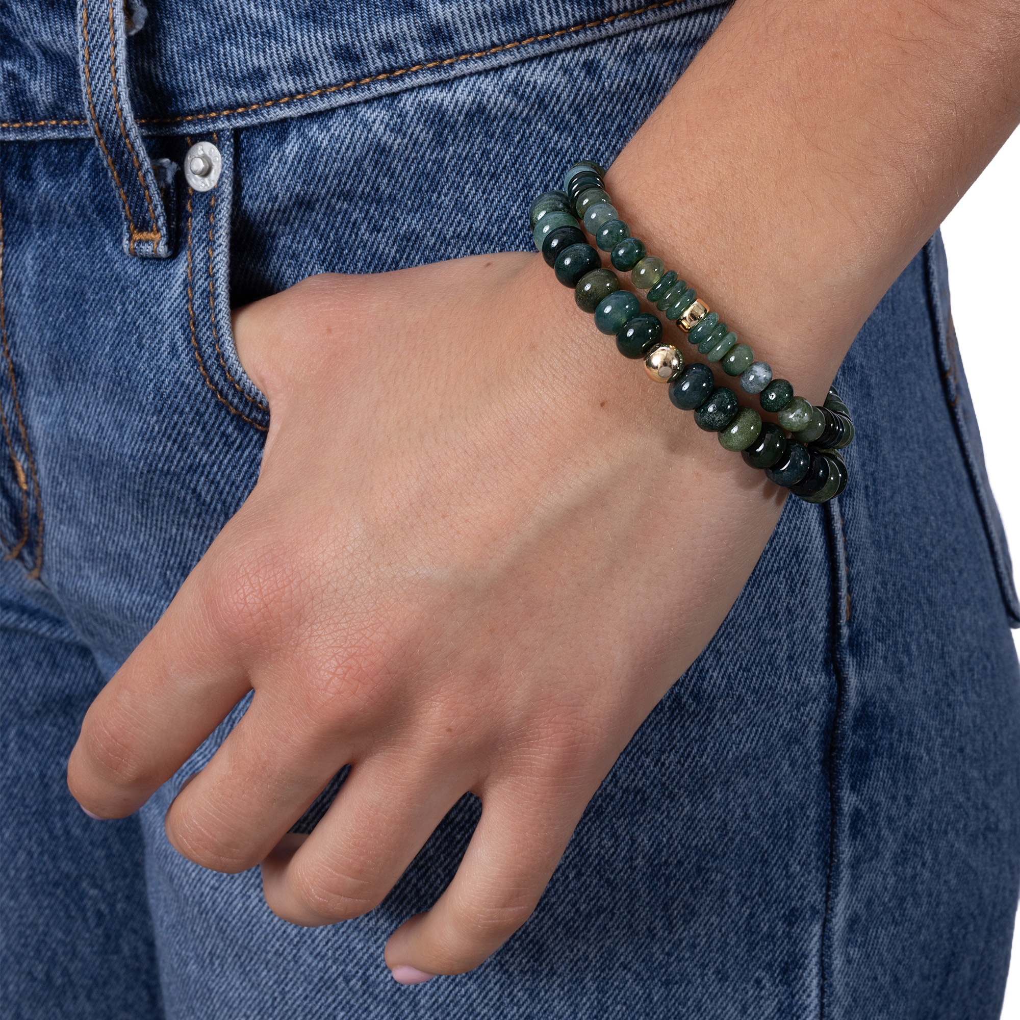 Sheryl Lowe Moss Agate 6mm Beaded Bracelet with 14kt Smooth