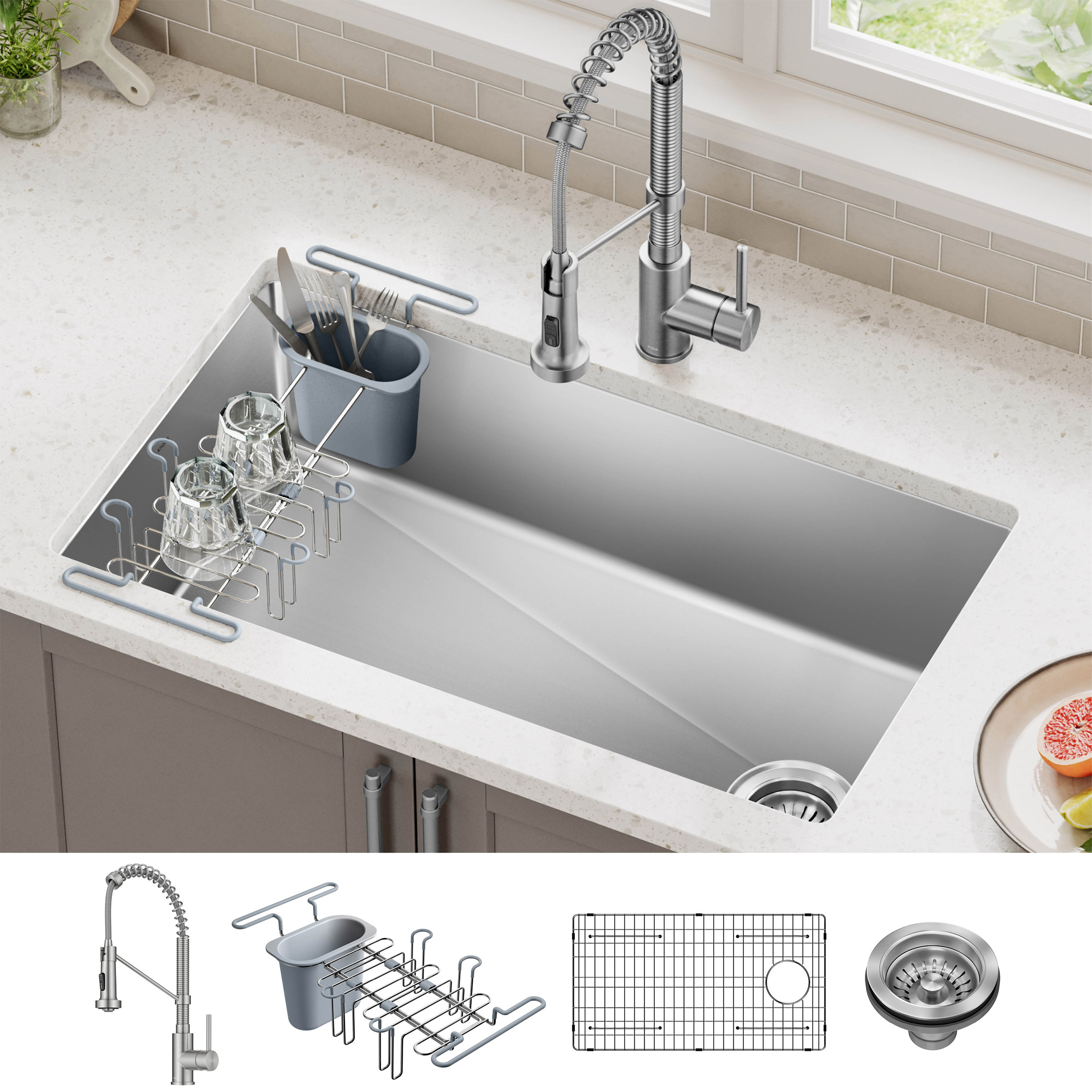 KRAUS 32” Undermount Single Bowl Kitchen Sink with Commercial Pull Down Faucet