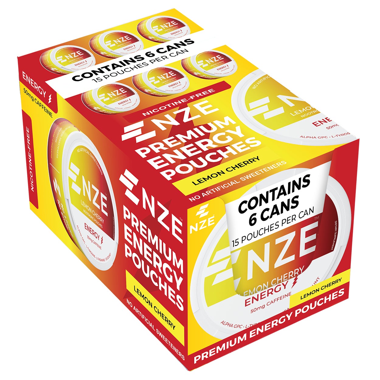 NZE Premium Energy Pouches, Lemon Cherry, 15 pouches per can, 6 ct
