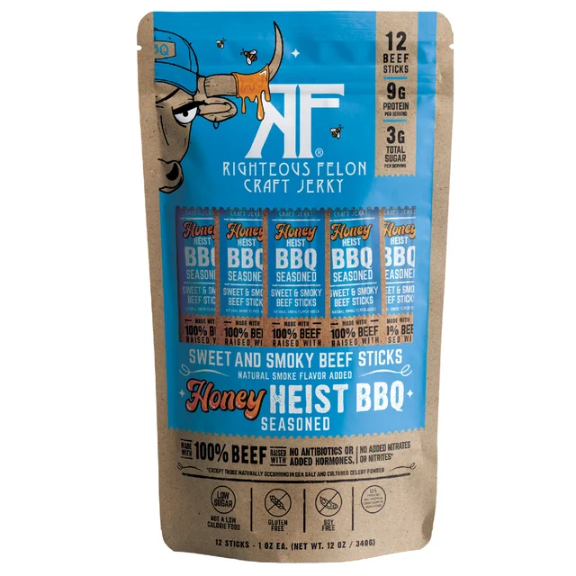 Righteous Felon Honey Heist BBQ Beef Sticks, 1 oz, 12-count