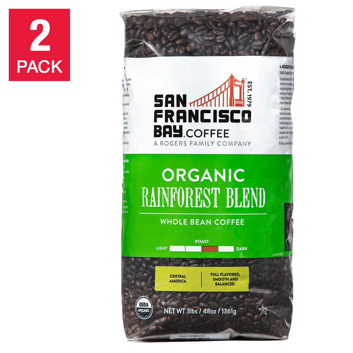 San Francisco Bay Organic Rainforest Blend Whole Bean Coffee 3 lbs  2-pack