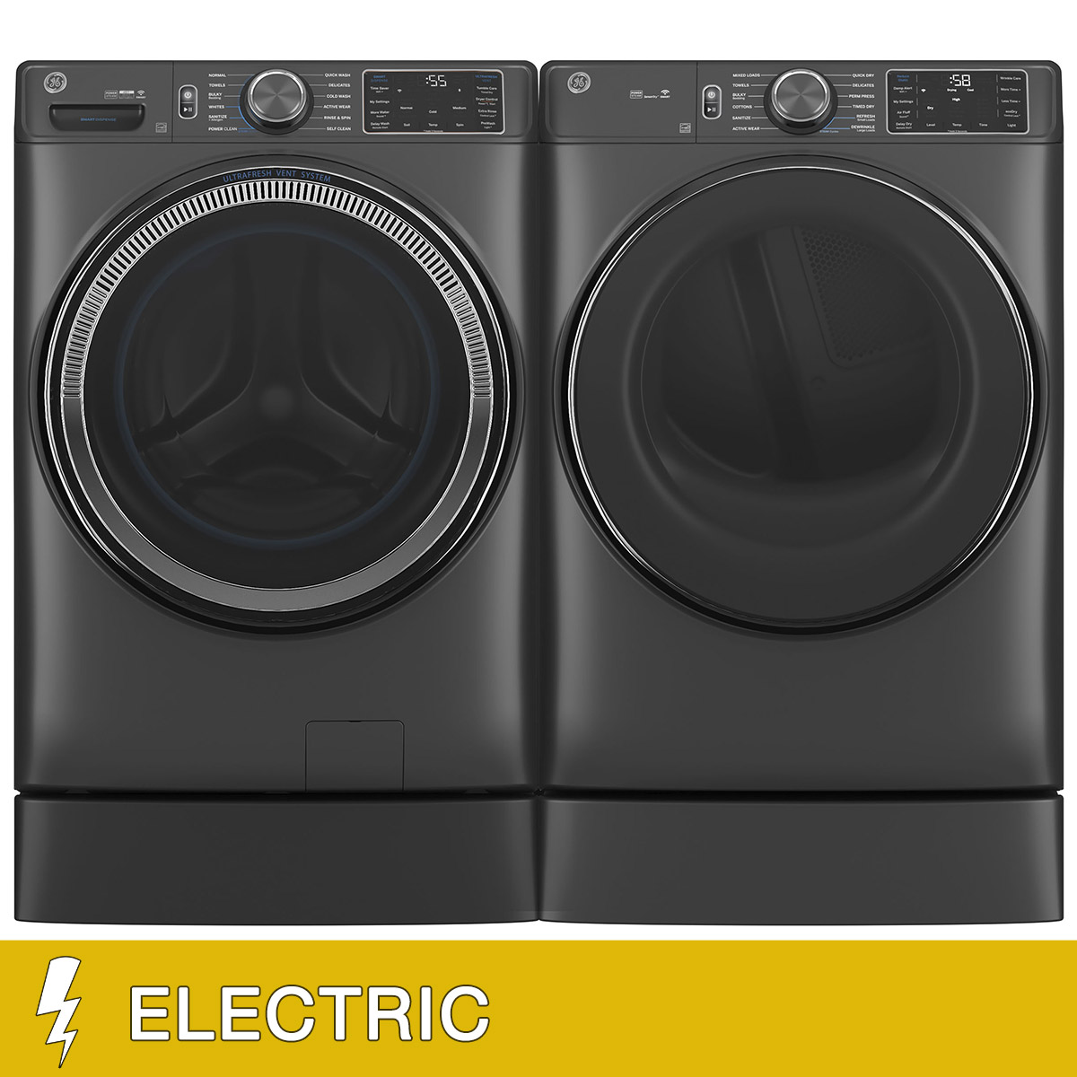 GE 5.0 cu. ft. Front Load Steam Washer with SmartDispense and 7.8 cu. ft. ELECTRIC Dryer with Steam and Sanitize Cycle Laundry Package with 7 Inch Risers