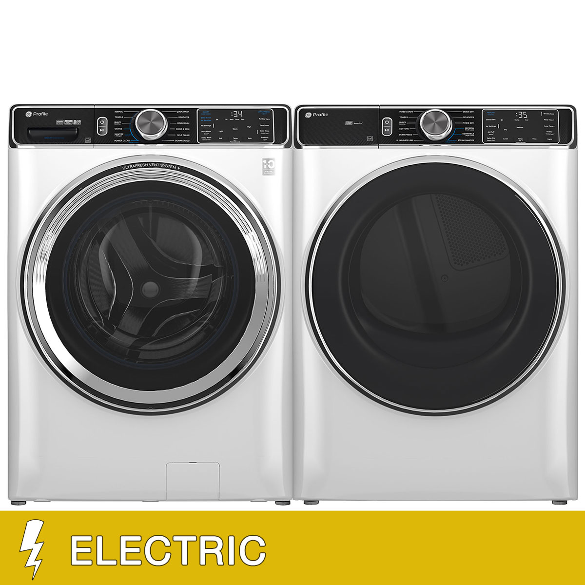 GE Profile 5.3 cu. ft. Front Load Washer with UltraFresh Vent System+ and 7.8 cu. ft. Front Load ELECTRIC Dryer with Steam and Sanitize Cycle