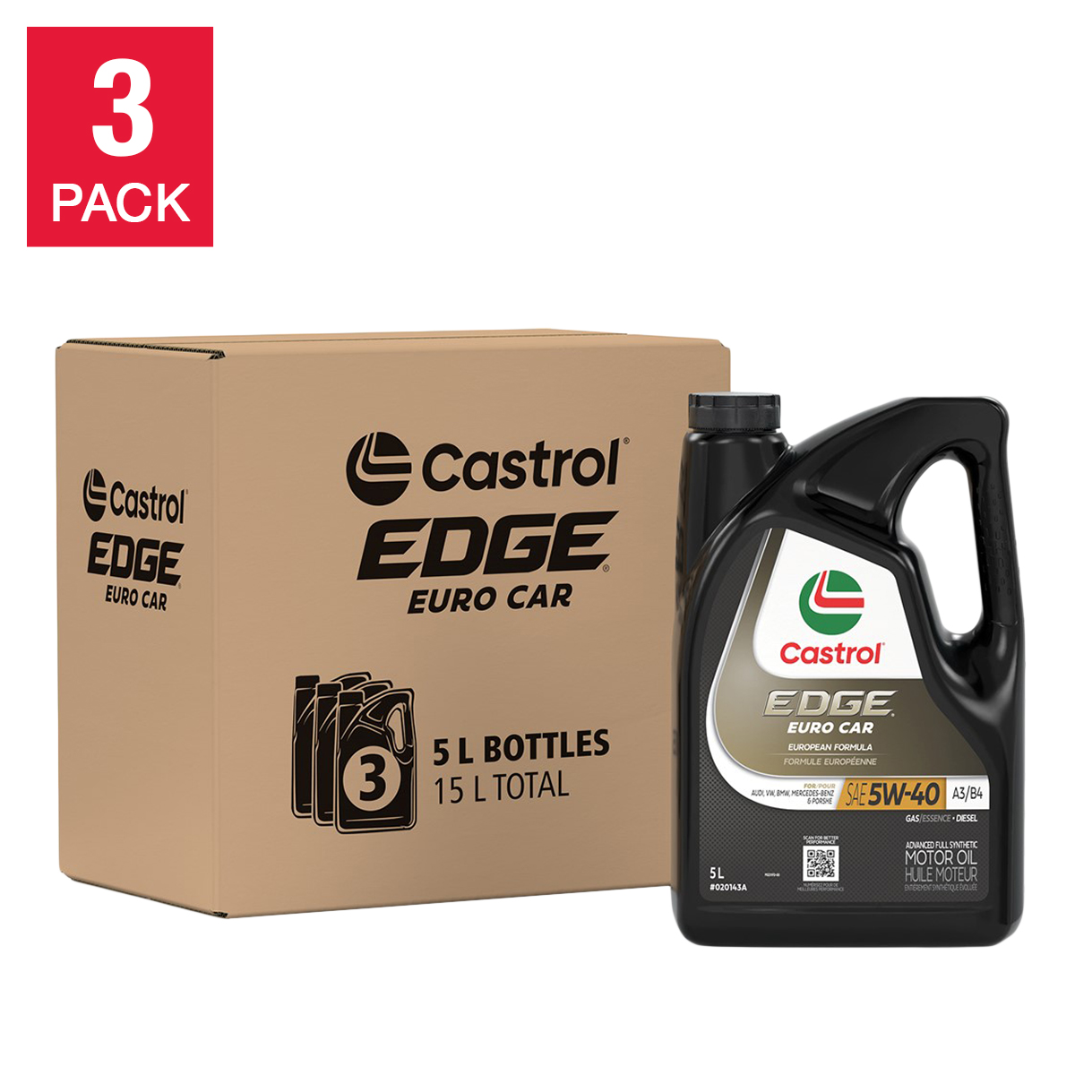 Castrol Edge 5W40 A3/B4 Full Synthetic Engine Oil 3-pack, 5L Jug