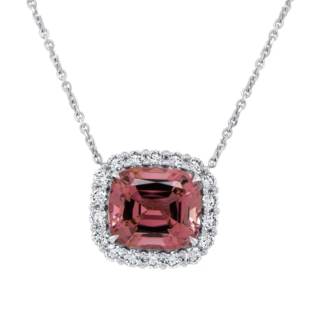 7.86CTW CUSHION PINK TOURMALINE 1.17CTW DIA 18KT WHTE GOLD PENDANT